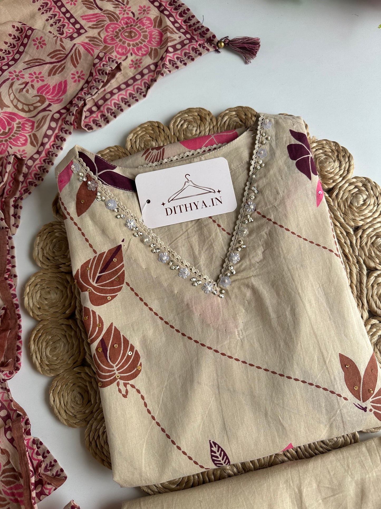 K146 - Mul cotton embroidered straight Kurti with pants and dupatta