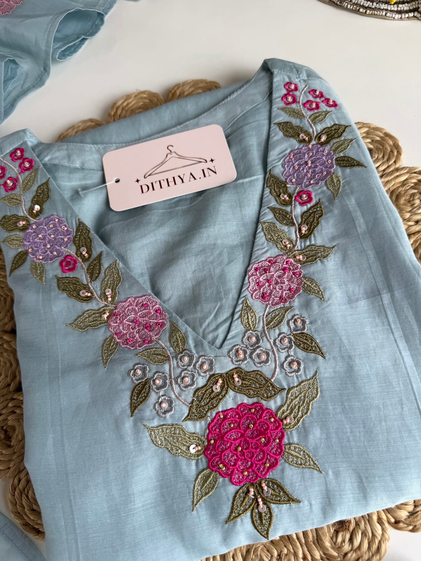 K090 - Mul chanderi appliqué work Anarkali with pants and dupatta