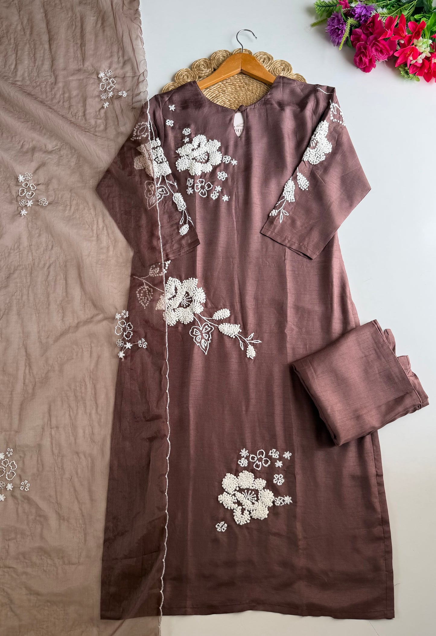 K634 - Russian silk embroidered straight Kurti with pants and dupatta