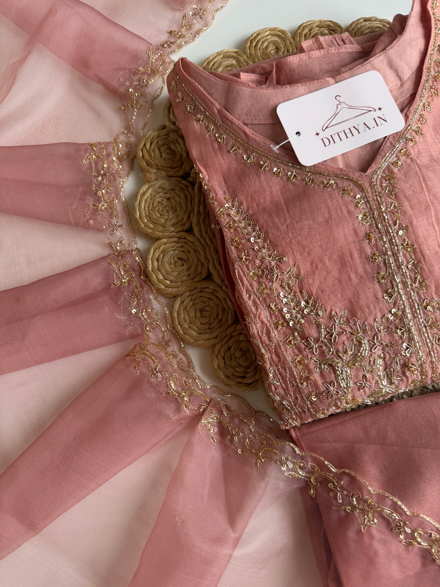 K372 - Mul chanderi handwork aline Kurti with pants and dupatta