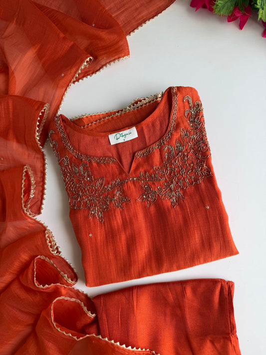 K553 - Mul chanderi handwork aline Kurti with pants and dupatta
