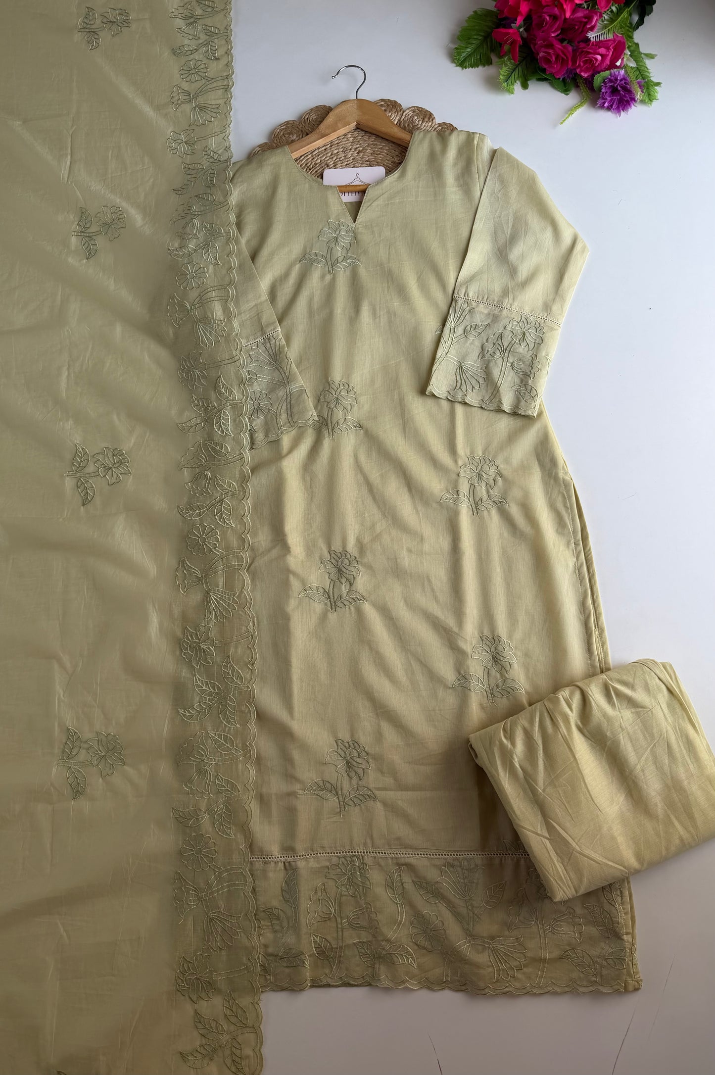 K208 - Crushed Mul chanderi embroidered straight Kurti with pants and dupatta in 2 colours