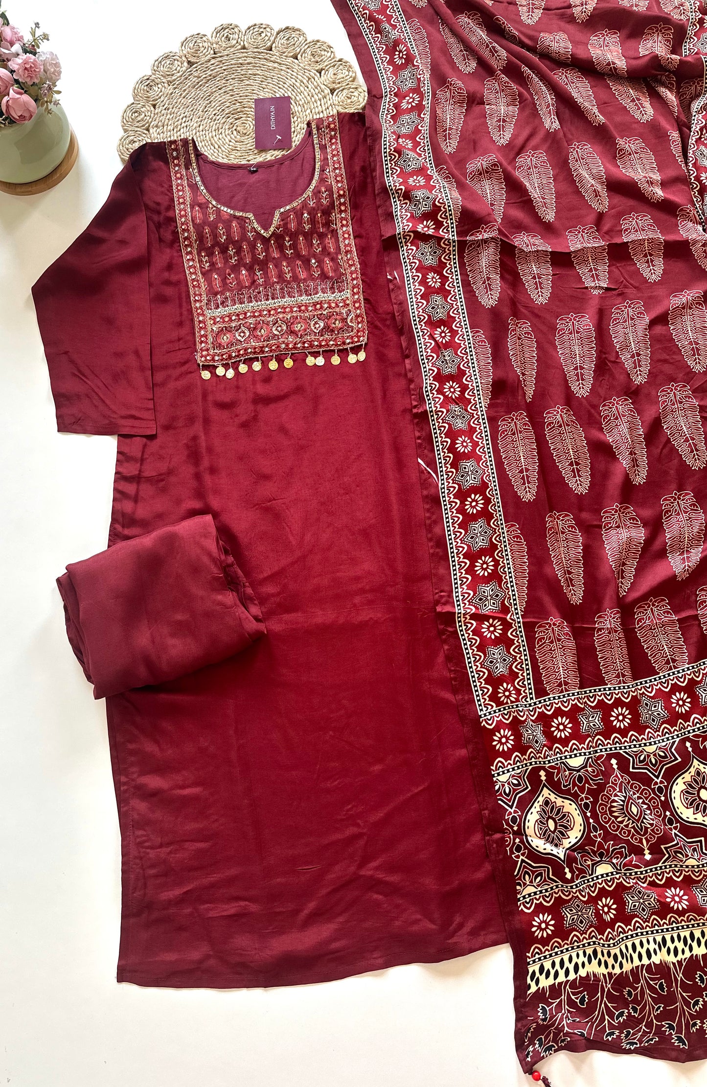 K105 - Russian silk handwork Straight kurti with pants and gaji dupatta .