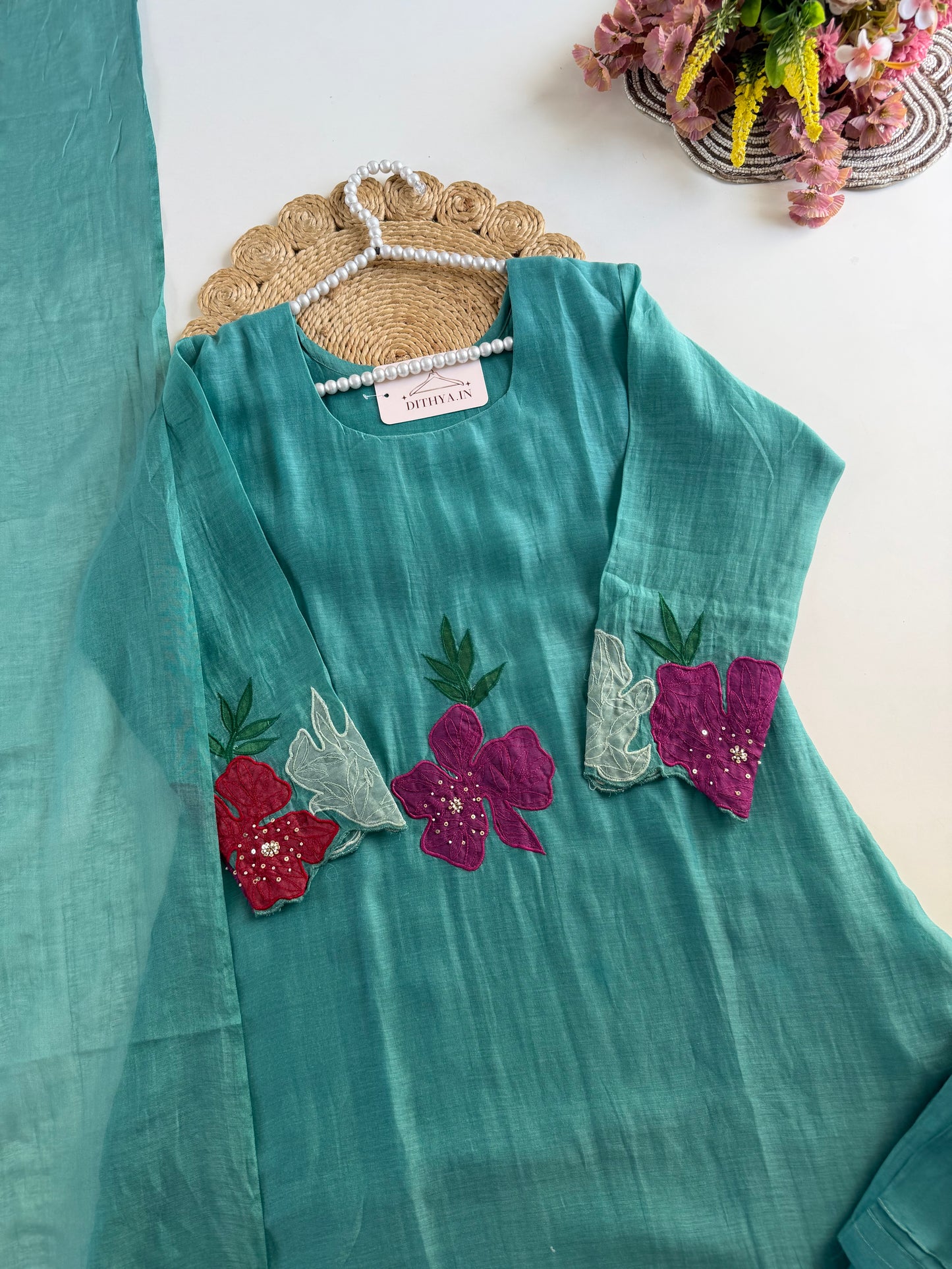 K251 - Mul chanderi appliqué work aline Kurti with pants and dupatta