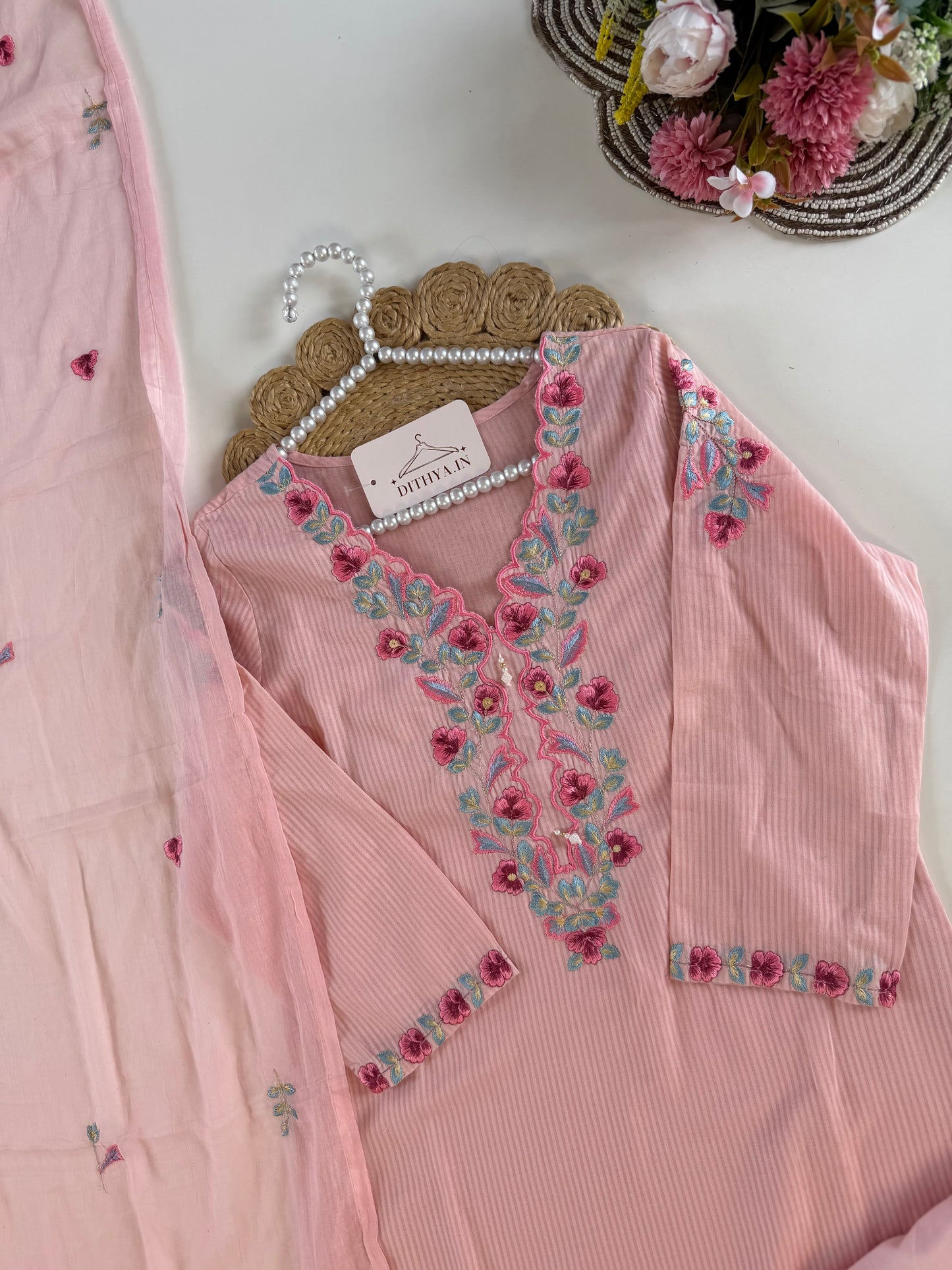 K622 - Mul cotton embroidered straight Kurti with pants and dupatta