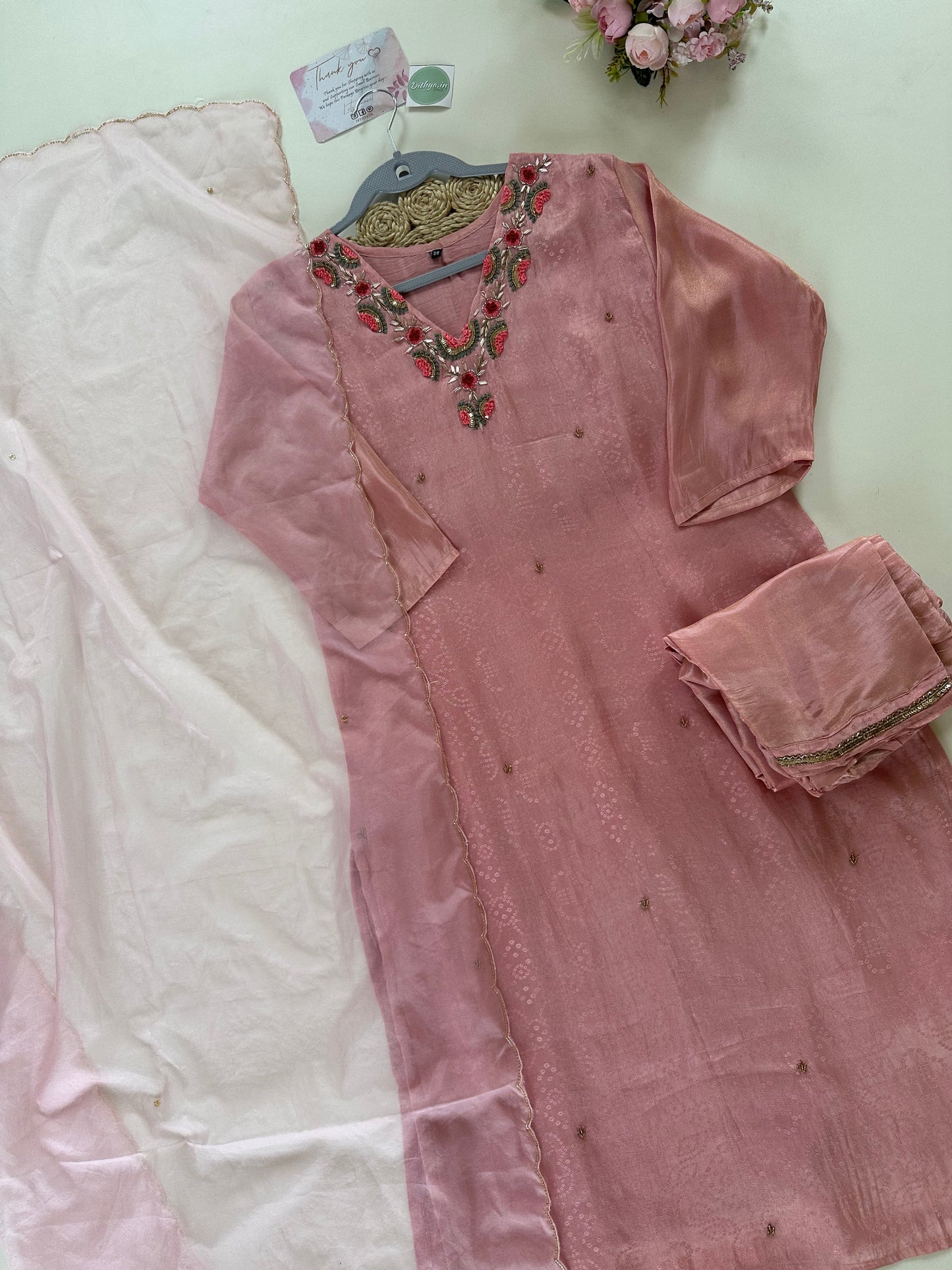 K155 - Tissue silk Self straight kurti with pants and organza dupatta .