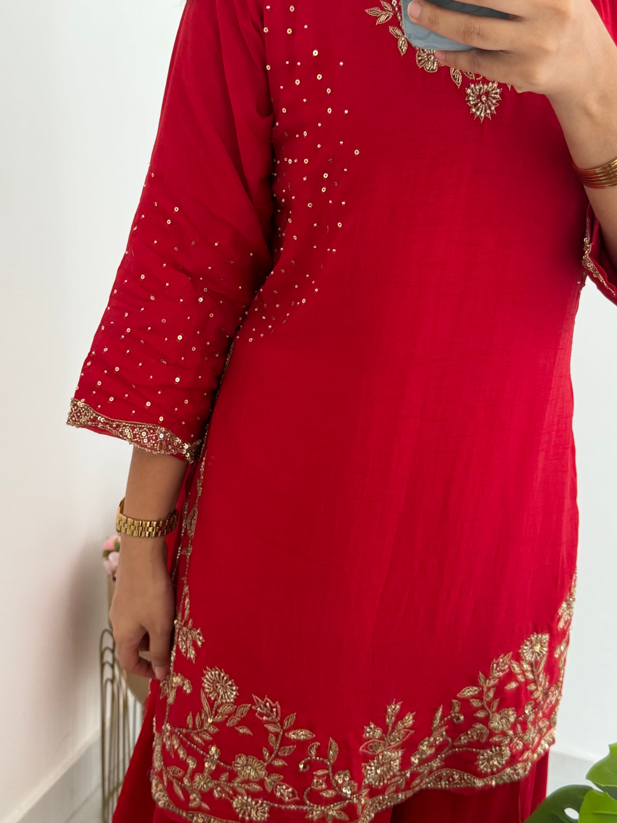 K195 - Russian silk handwork short Kurti with divider pants and dupatta
