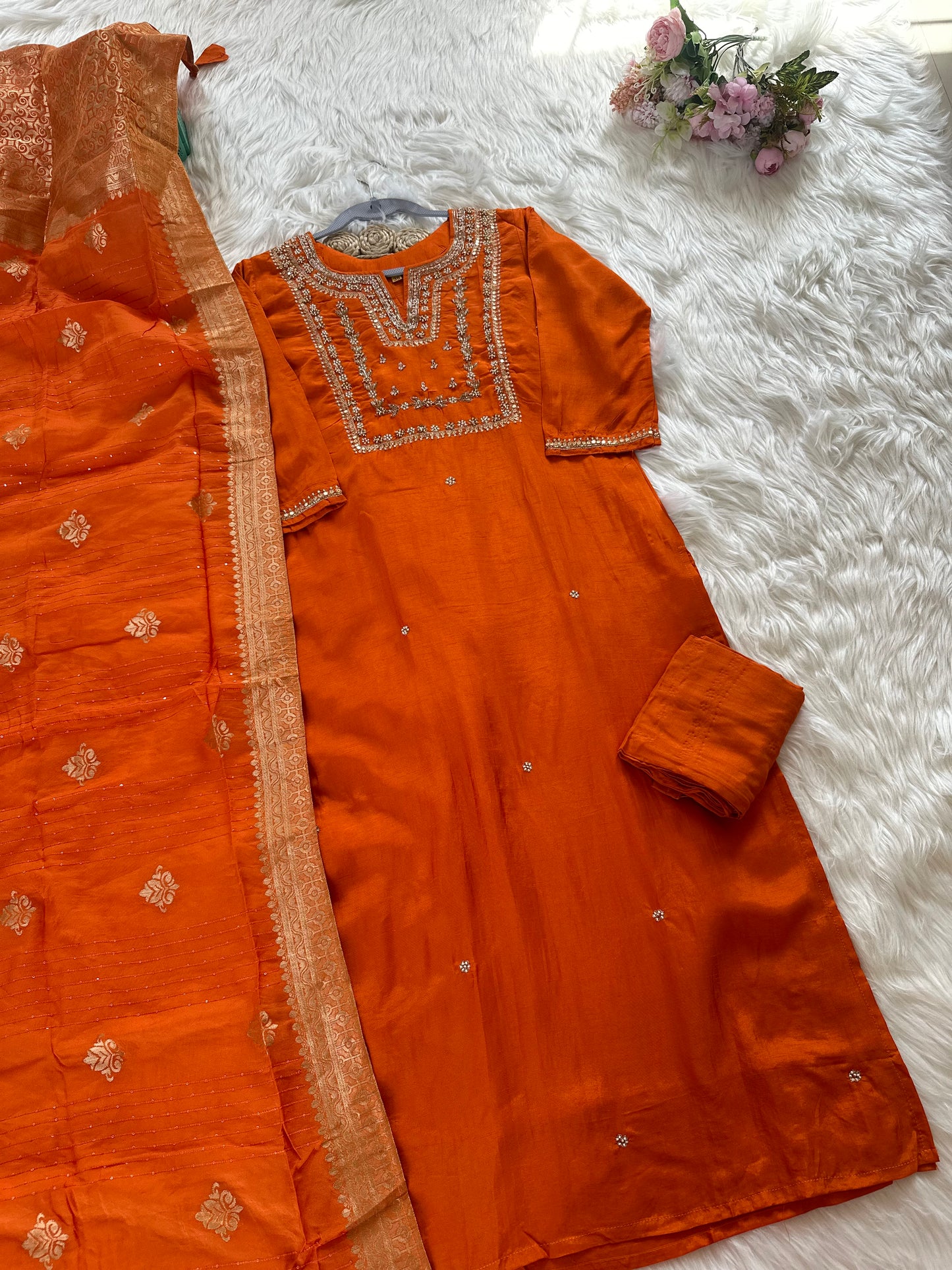 K119 - Russian silk kurti with pants and dupatta - Dithya.in