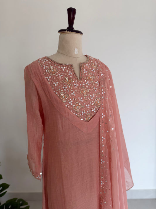 K287 - Mul chanderi handwork aline Kurti with pants and dupatta