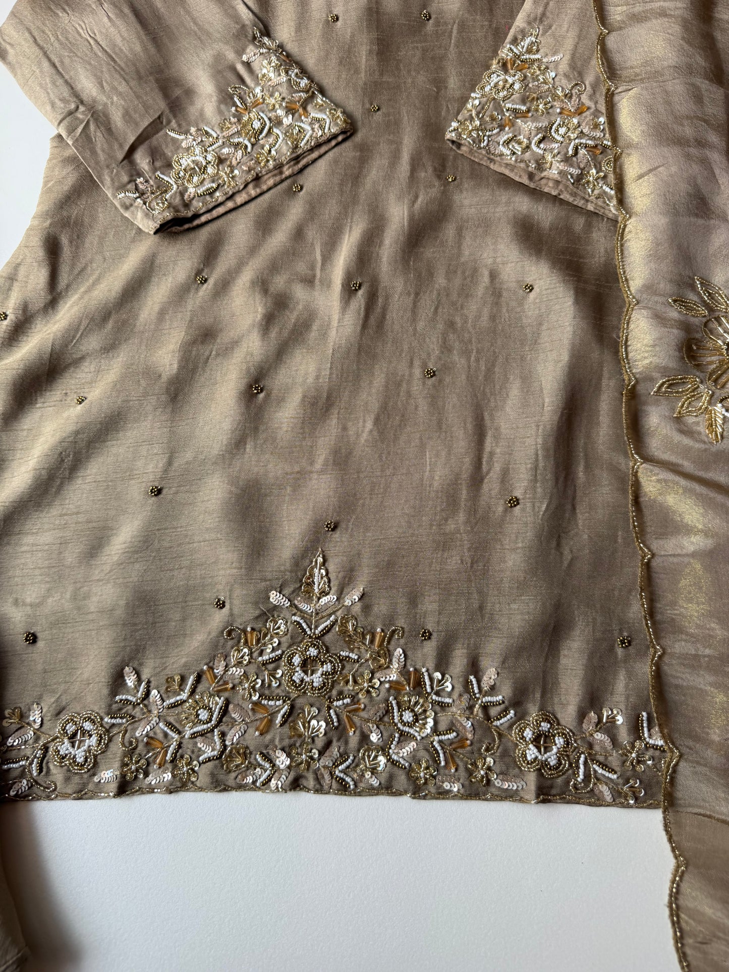 K419 - Russian silk short Kurti with palazzo and tissue silk dupatta