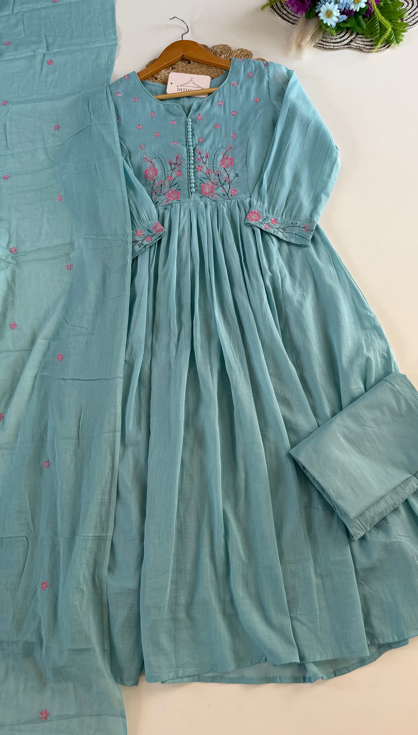 K598 - Cotton embroidered anarkali with pants and dupatta