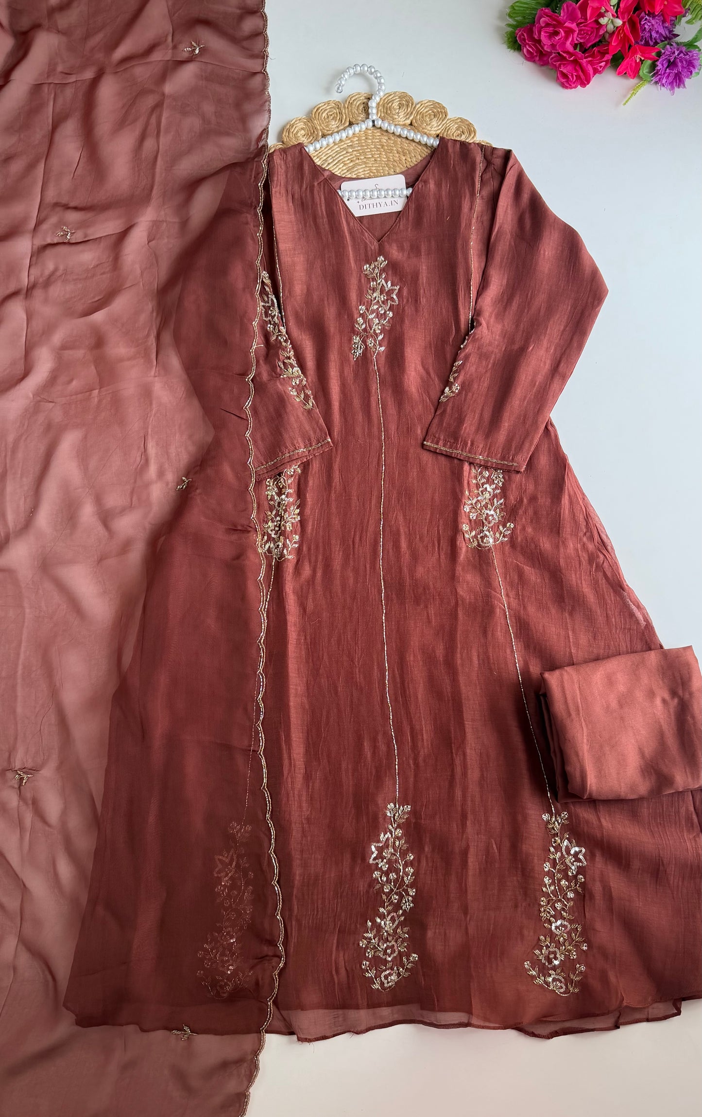 K582 - Mul chanderi handwork aline Kurti with pants and dupatta