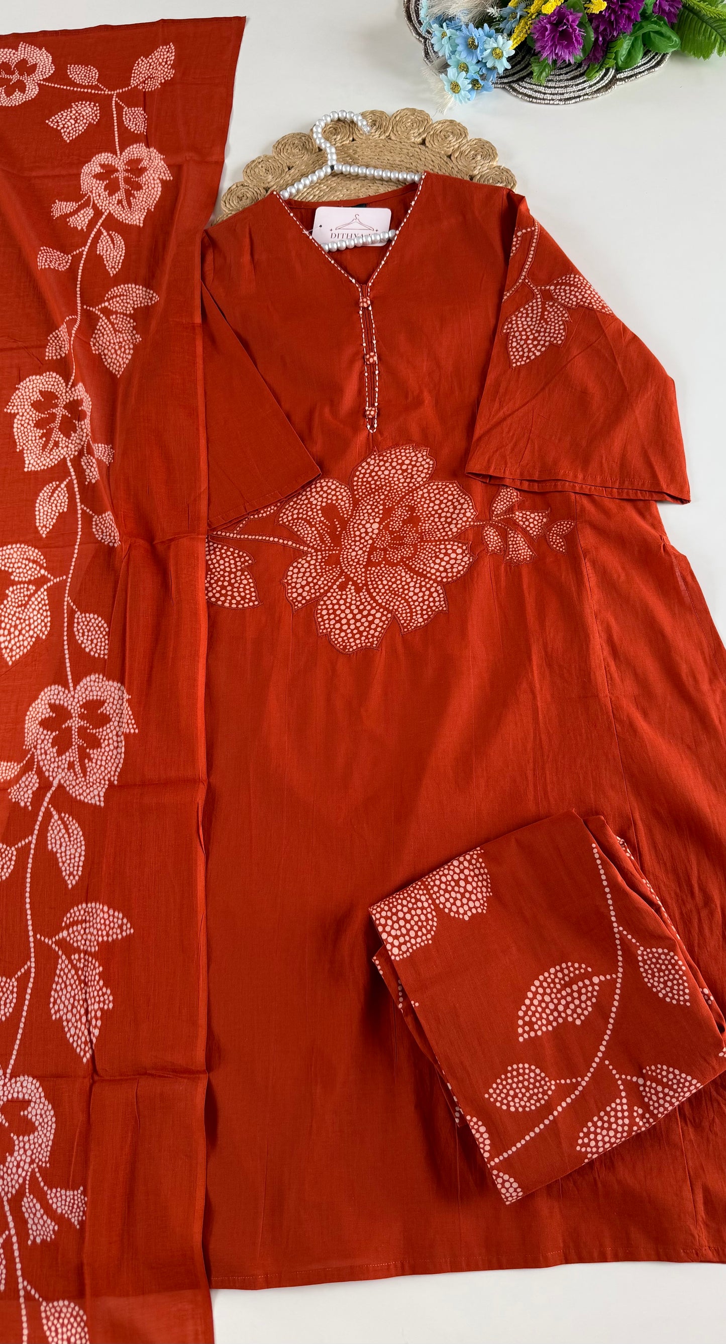 K594 - Cotton printed Aline Kurti with pants and dupatta