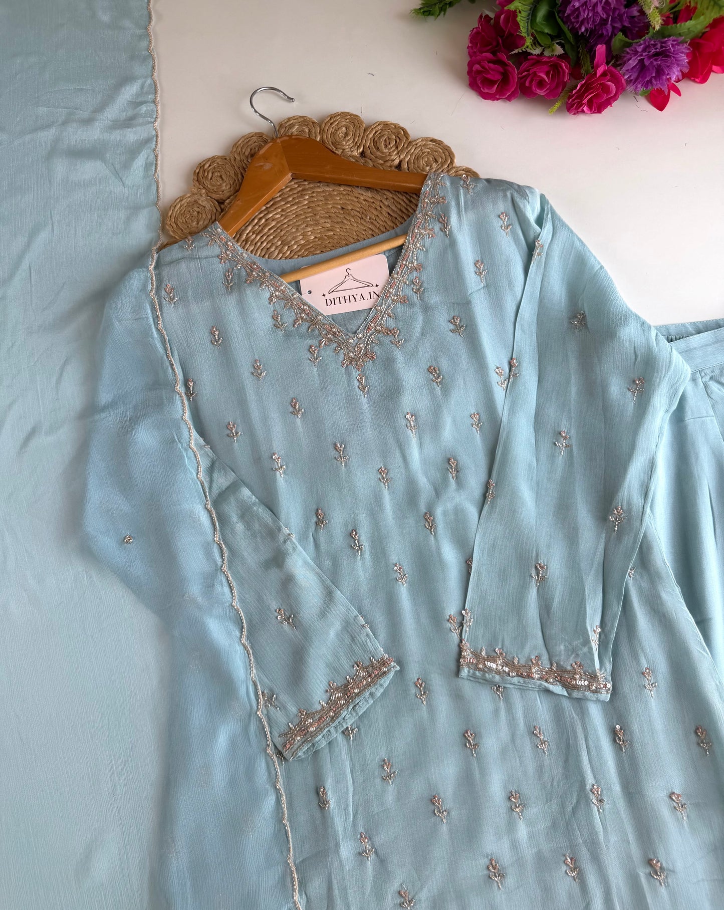 K690 - Pure Chinnon handwork aline Kurti with pants and dupatta