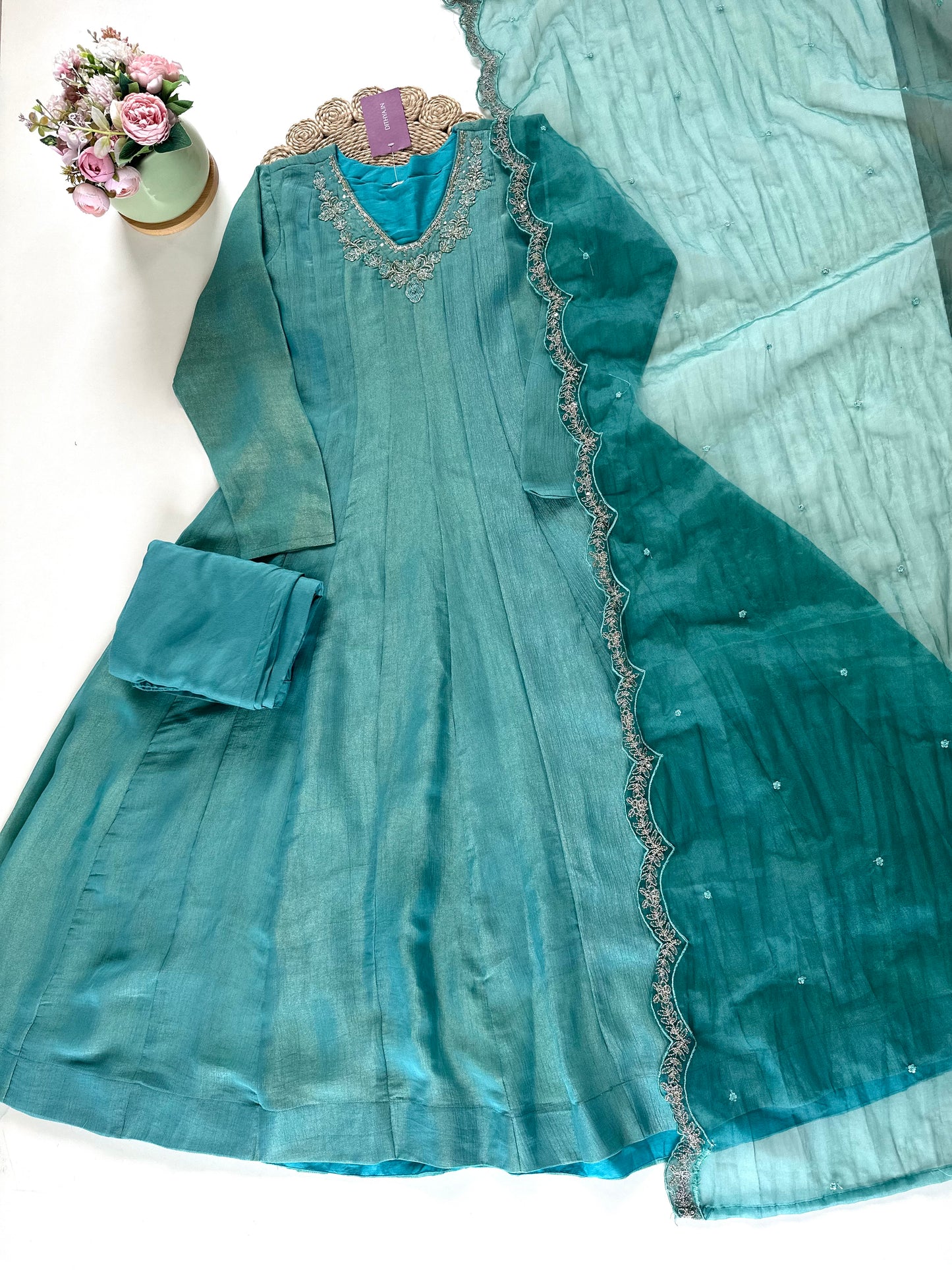 K305 - Tissue silk Handwork Anarkali with pants and organza dupatta .