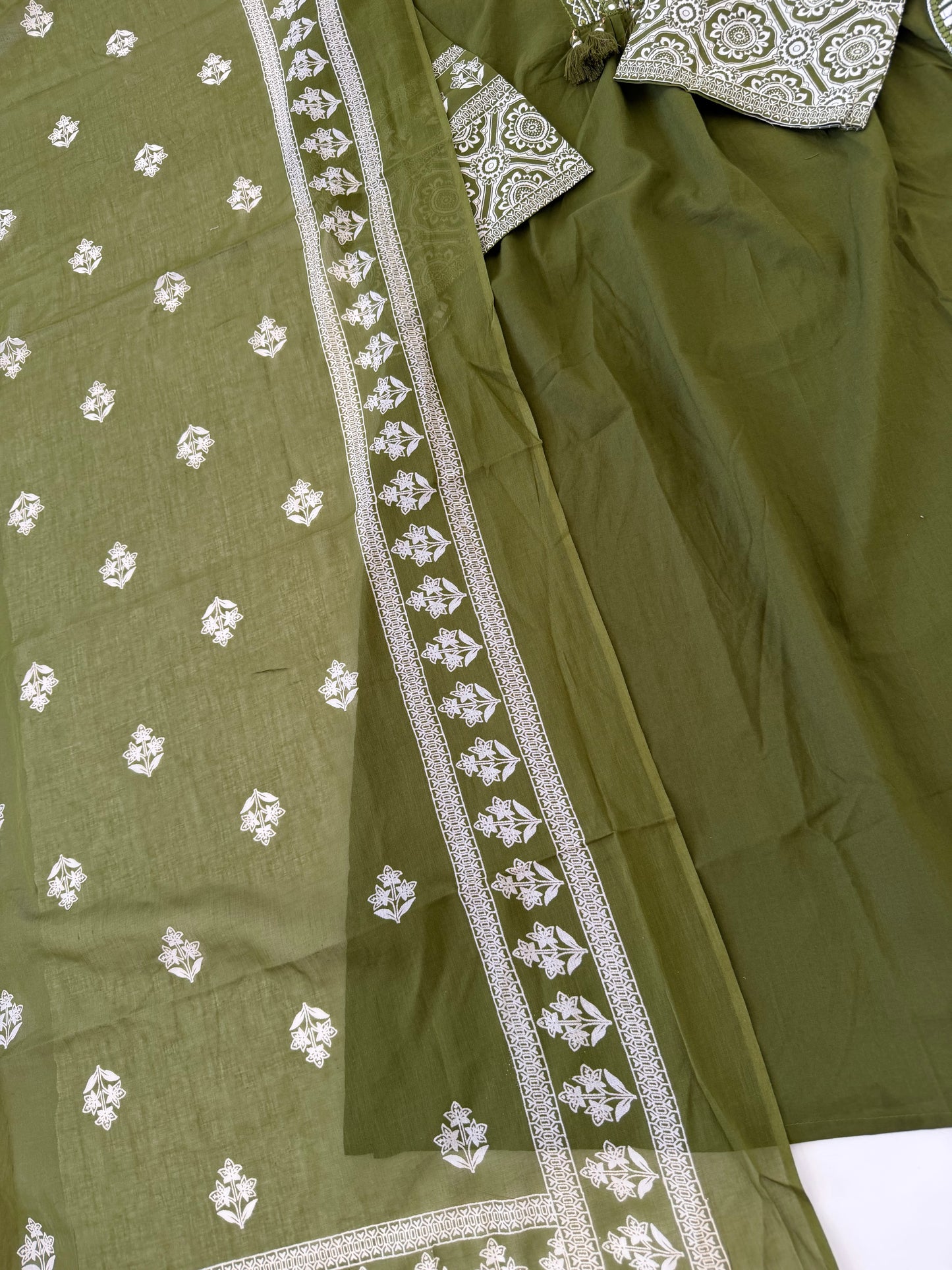 K259 - Mul cotton embroidered Aline Kurti with pants and dupatta