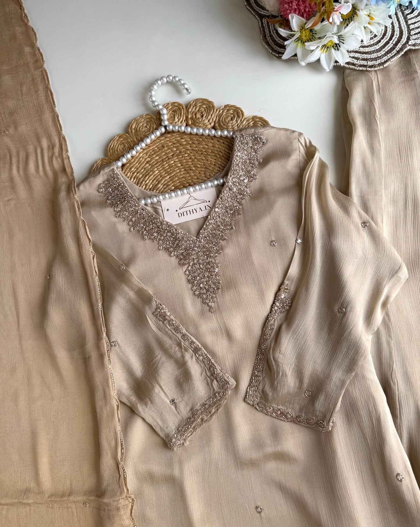 K508 - Chinnon mirror handwork short Kurti with divider pants and dupatta