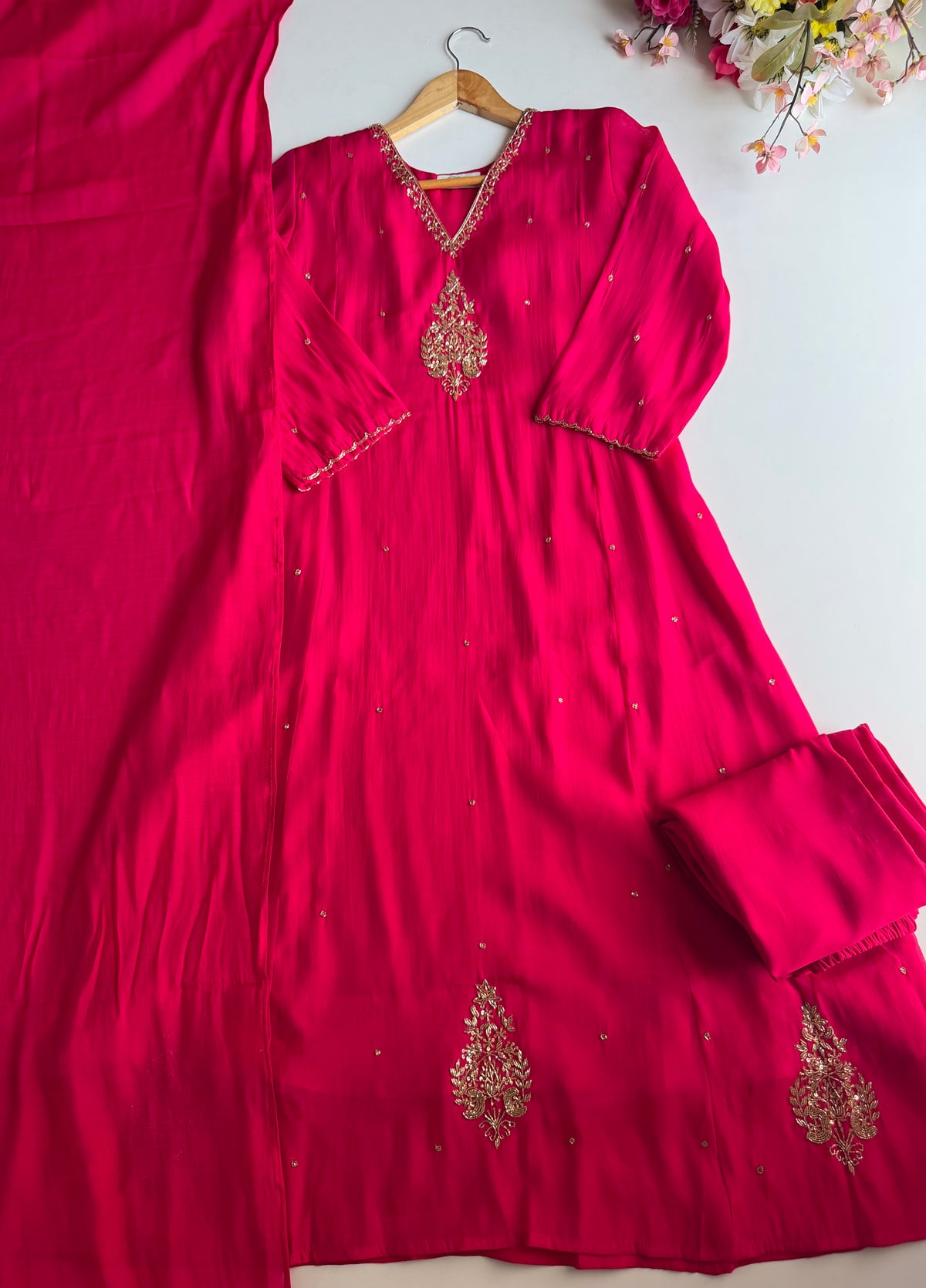 K117 - Surat mul chanderi handwork aline Kurti with pants and dupatta
