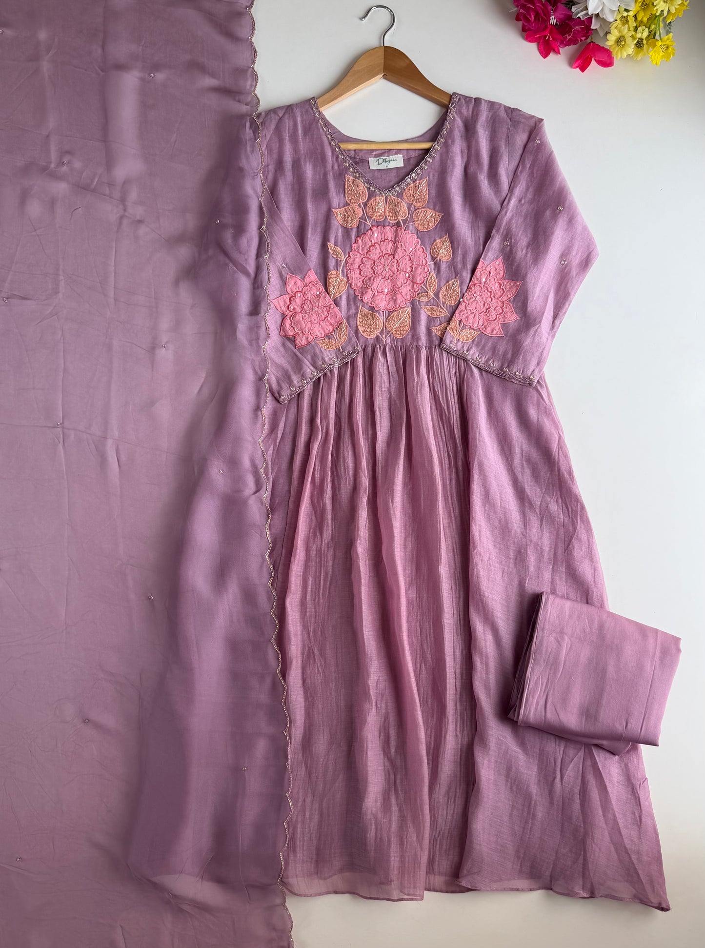 K257 - Mul chanderi handwork Anarkali with pants and dupatta