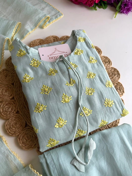 K679 - Mul chanderi embroidered Aline Kurti with pants and dupatta