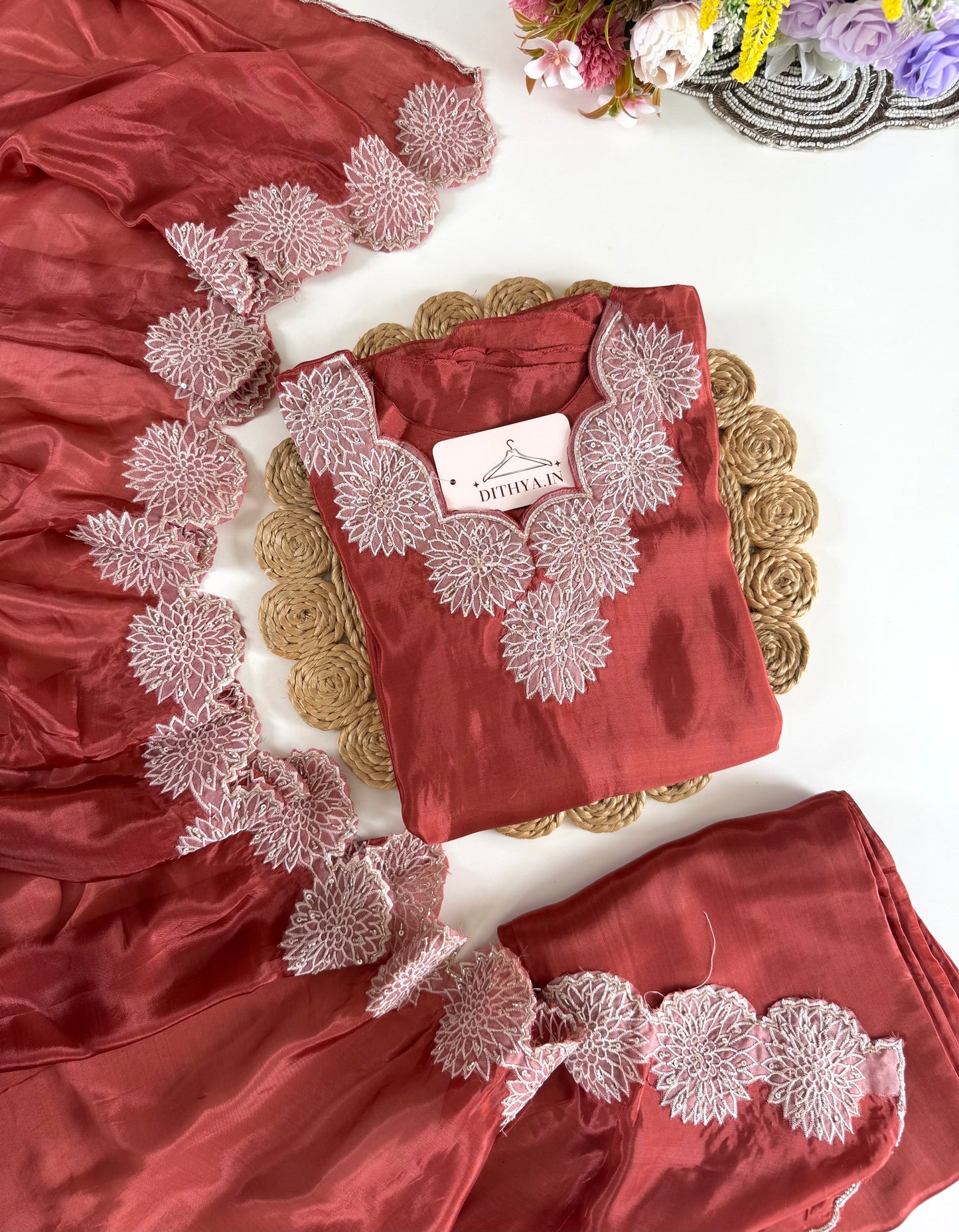 K467 - Pure Ho silk handwork aline Kurti with pants and dupatta
