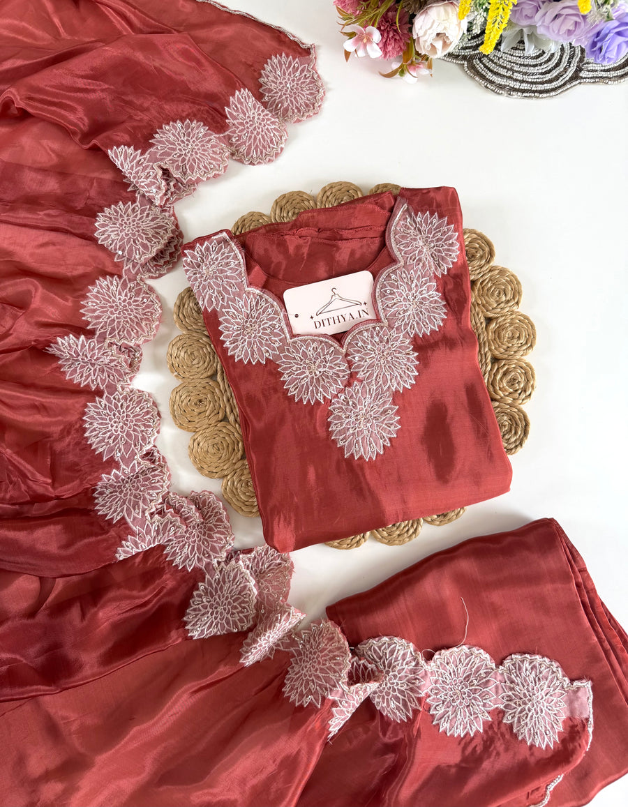 K467 - Pure Ho silk handwork aline Kurti with pants and dupatta