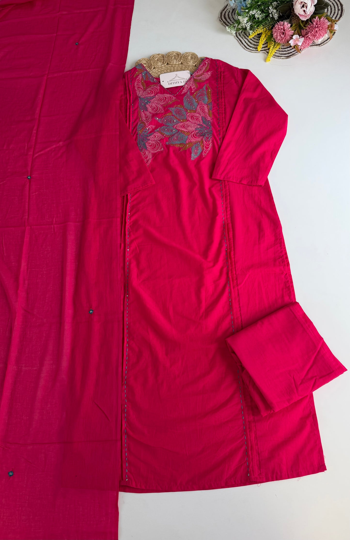 K644 - Mul cotton embroidered straight Kurti with pants and dupatta