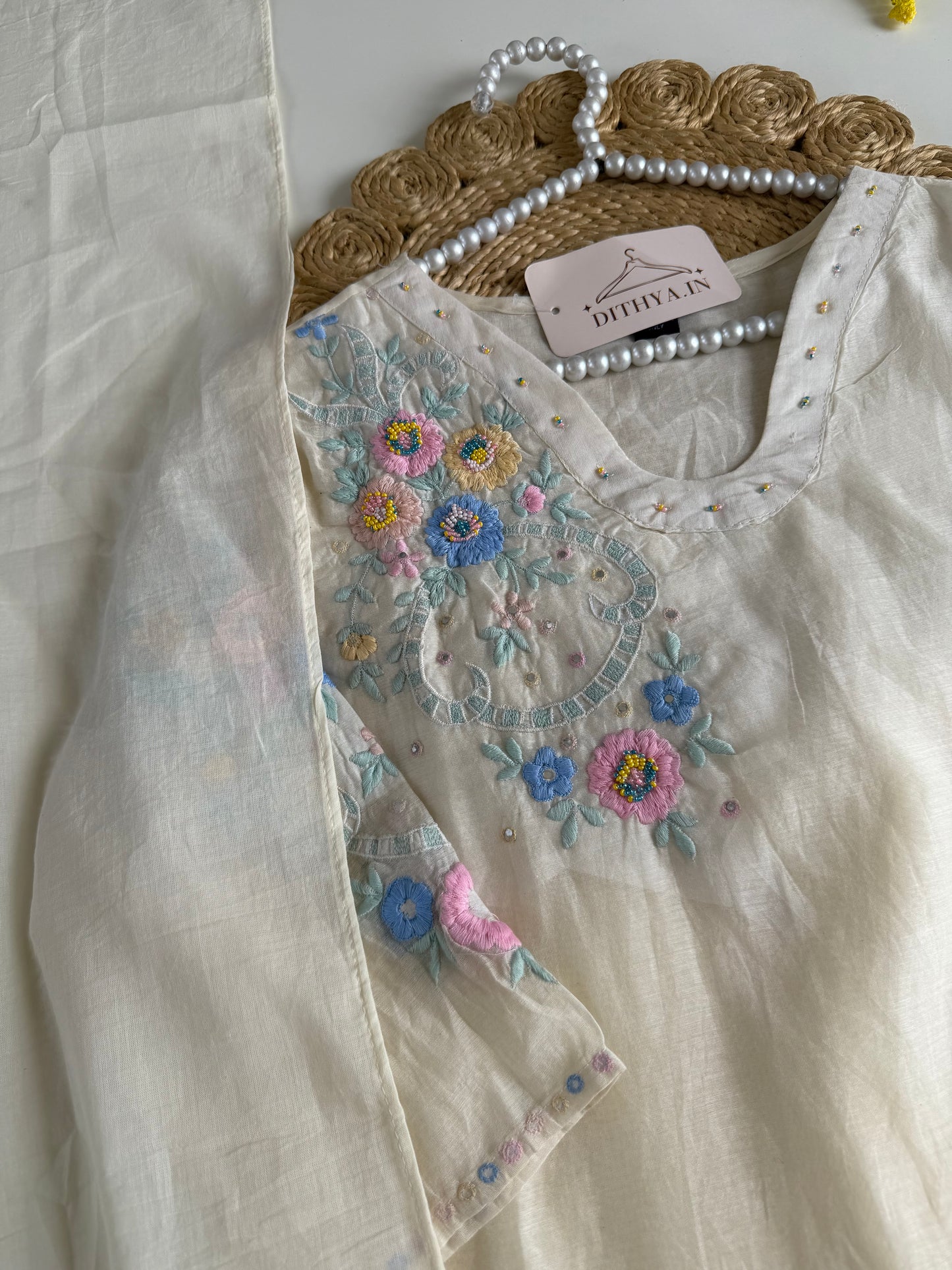 K682 - Mul cotton embroidered Aline Kurti with pants and dupatta