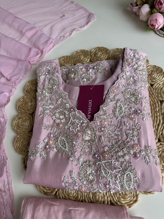 K346 - Chinnon heavy handwork Kurti with palazzo and dupatta