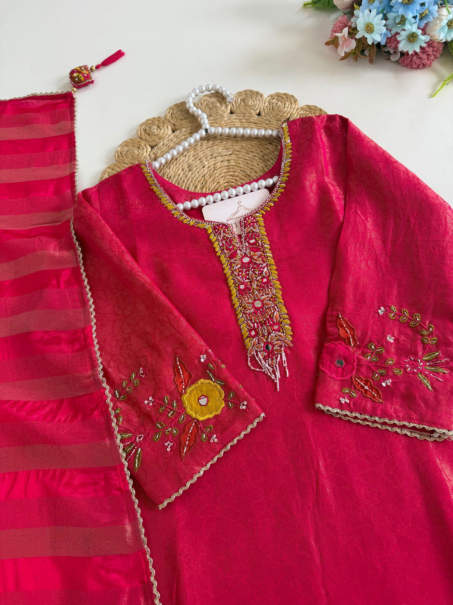 K683 - Self tissue silk handwork aline Kurti with pants and dupatta