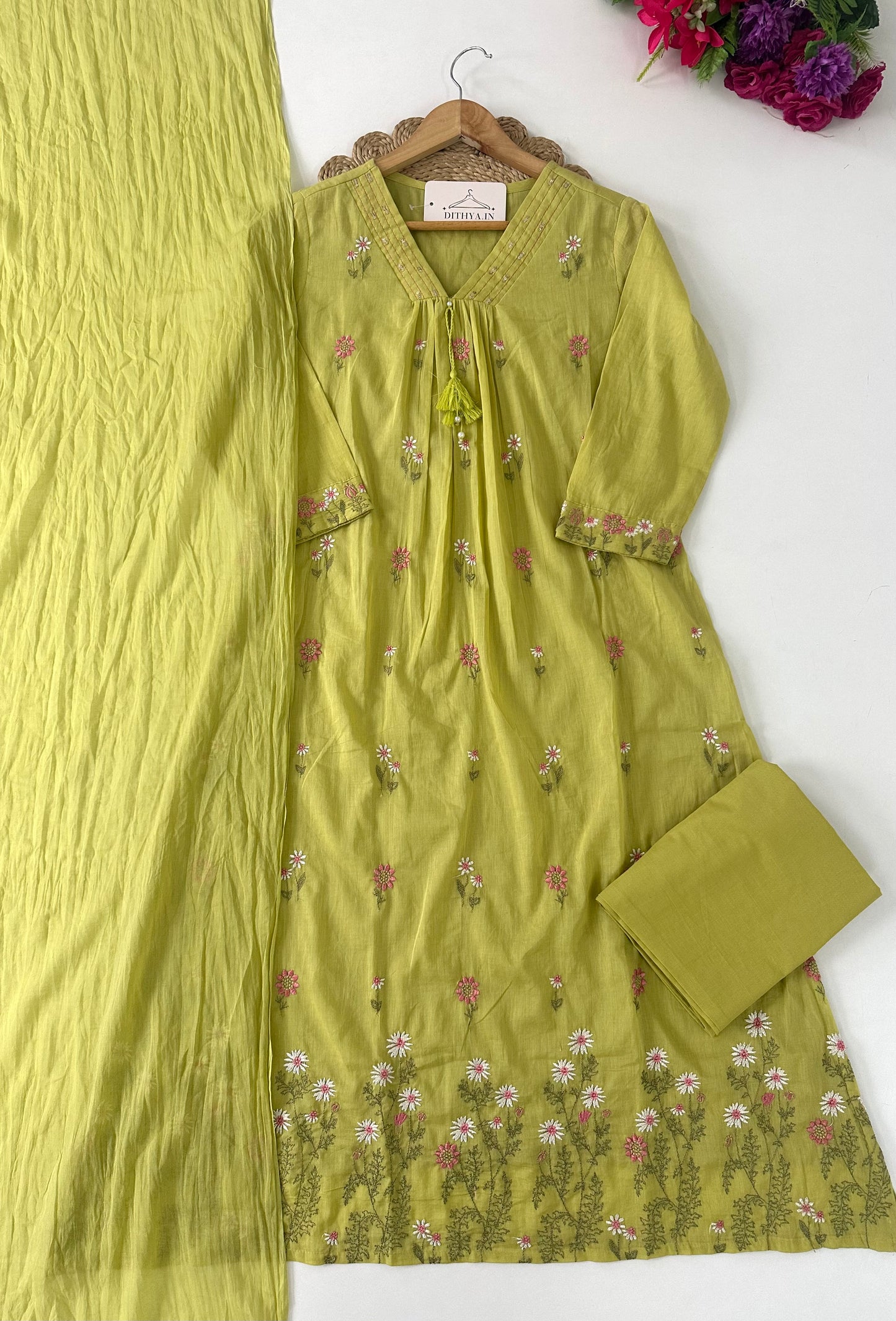 K395 - Mul cotton embroidered Aline Kurti with pants and dupatta in 3 colours