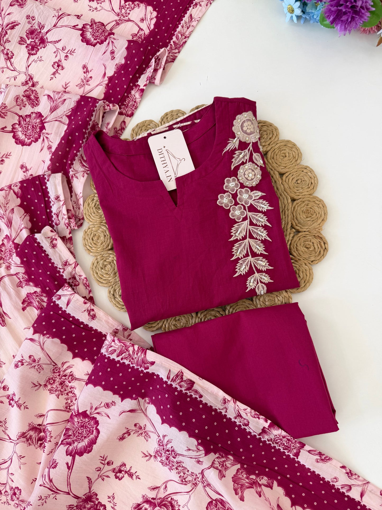 K594 - Mul cotton embroidered straight Kurti with pants and dupatta