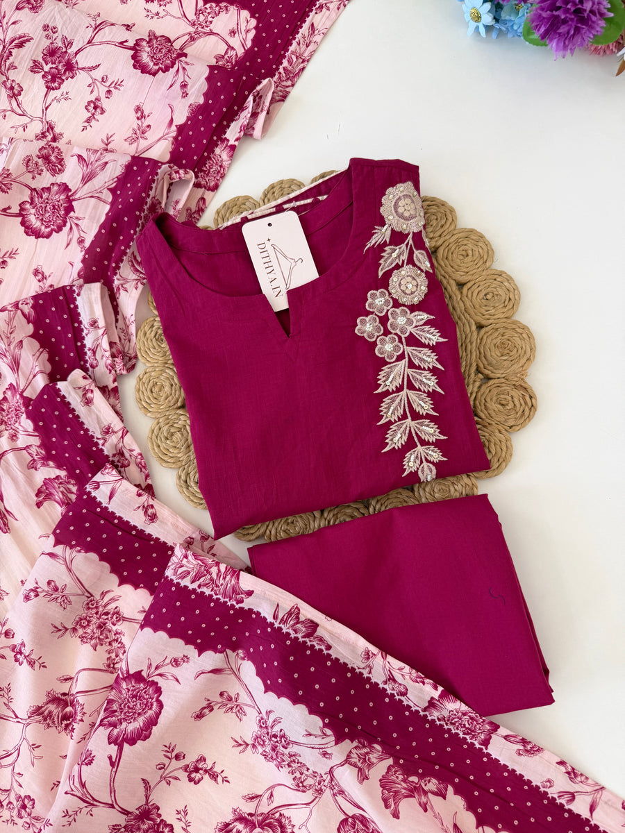 K594 - Mul cotton embroidered straight Kurti with pants and dupatta