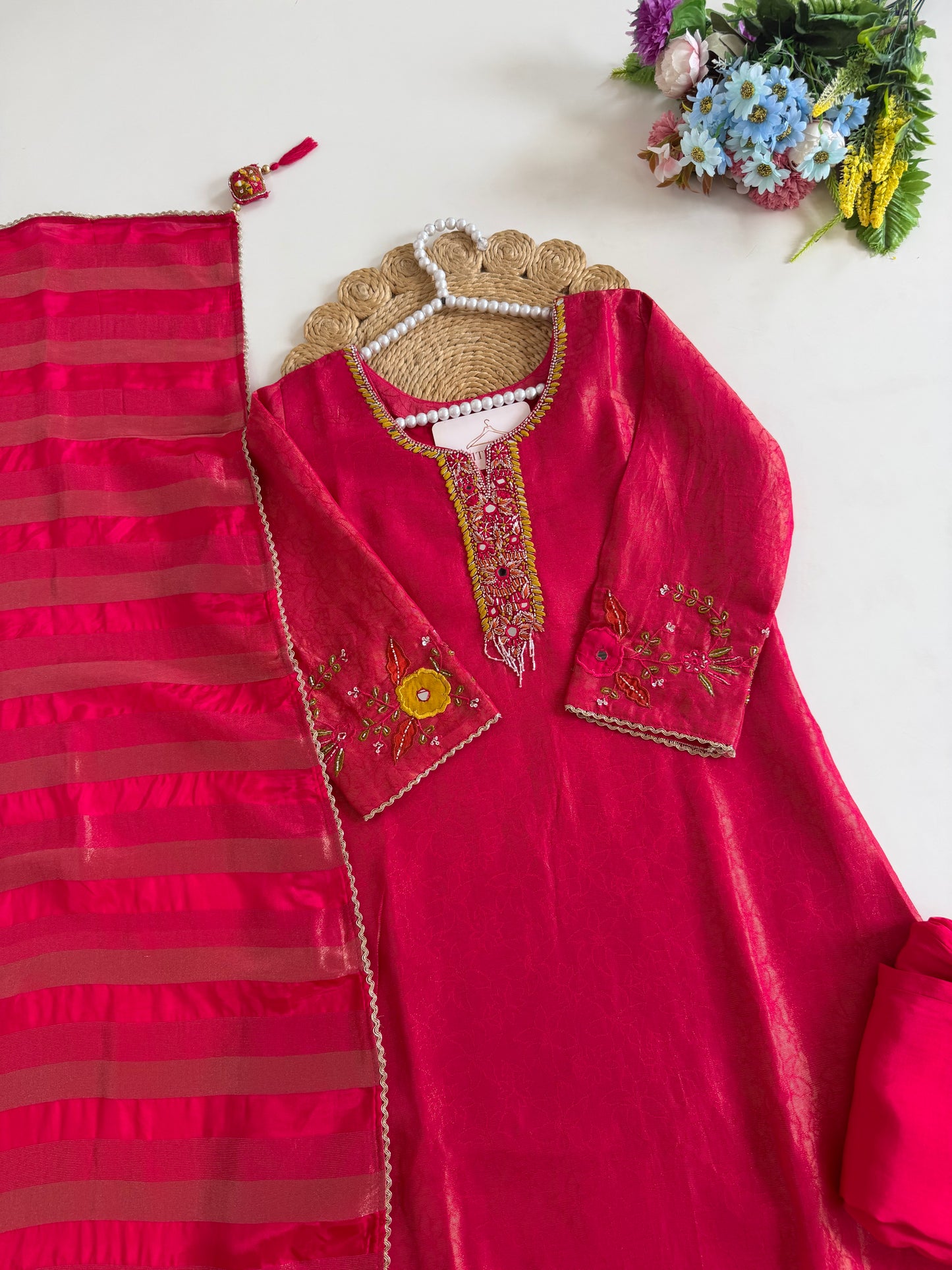 K683 - Self tissue silk handwork aline Kurti with pants and dupatta