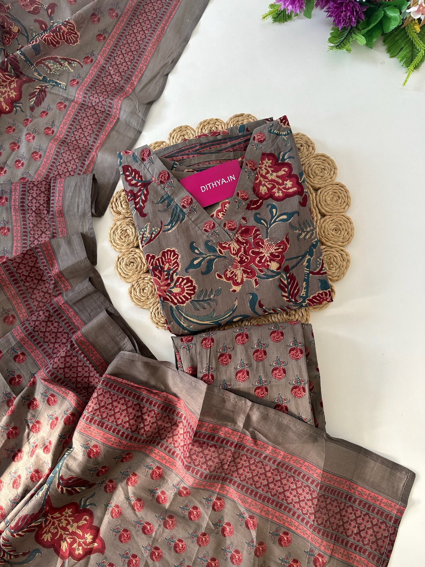 K106 - Mul cotton printed Anarkali with pants and dupatta