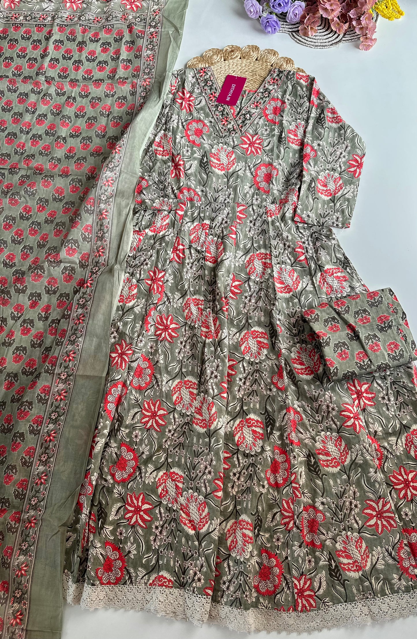 K103 - Cotton floral Anarkali with pants and dupatta