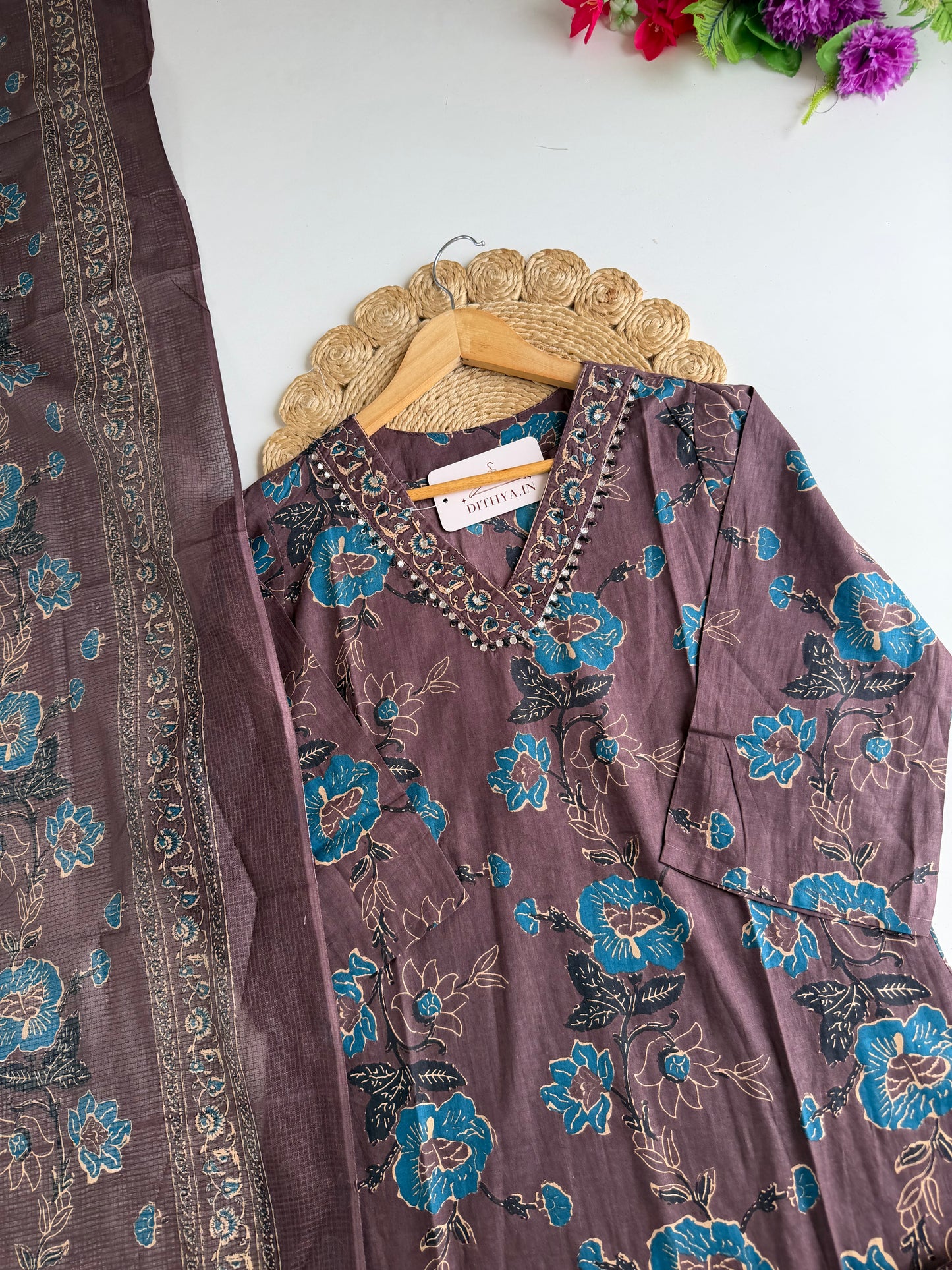 K163 - Mul cotton embroidered Aline Kurti with pants and dupatta