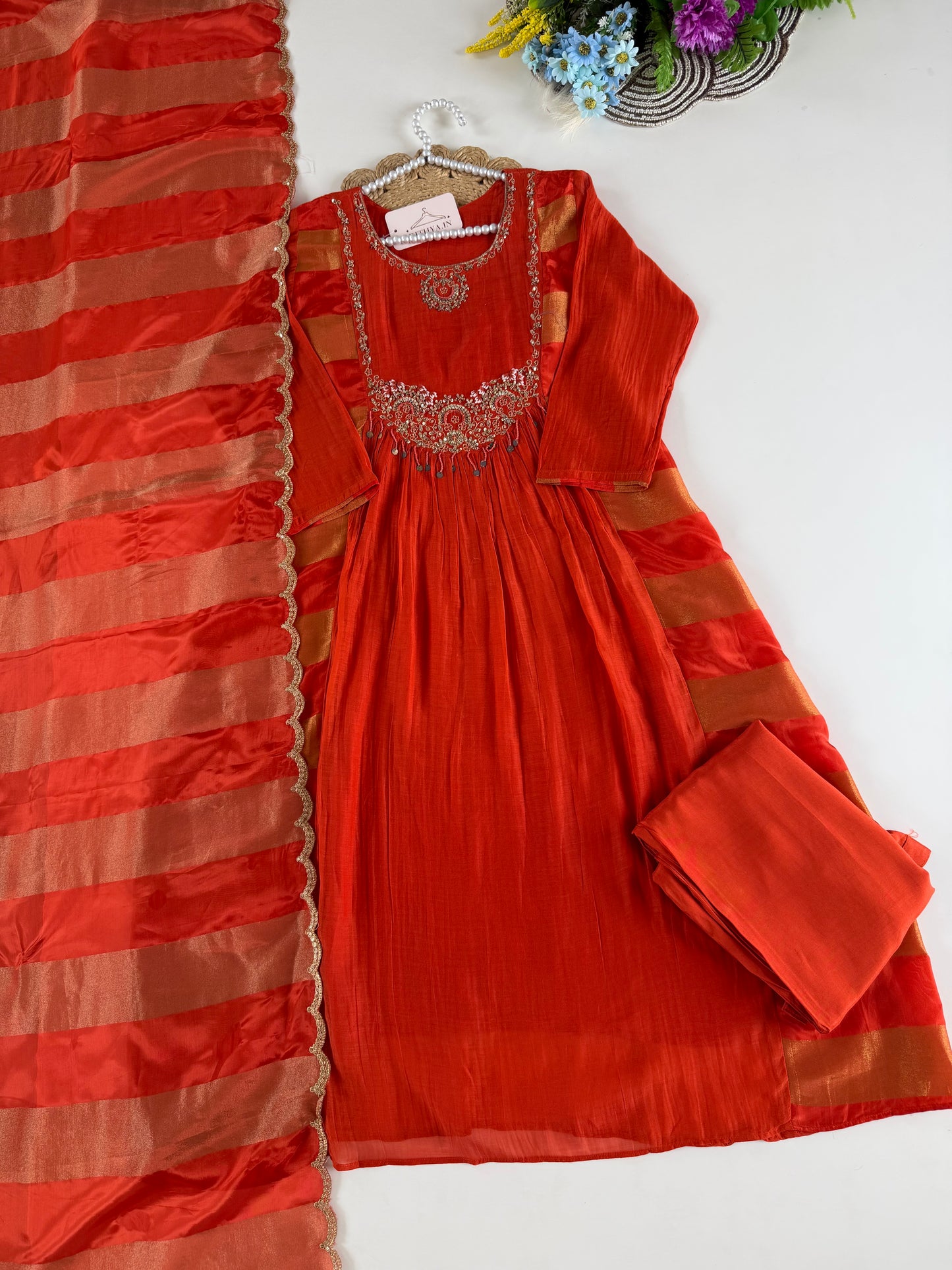 K165 - Mul chanderi handwork aline Kurti with pants and dupatta