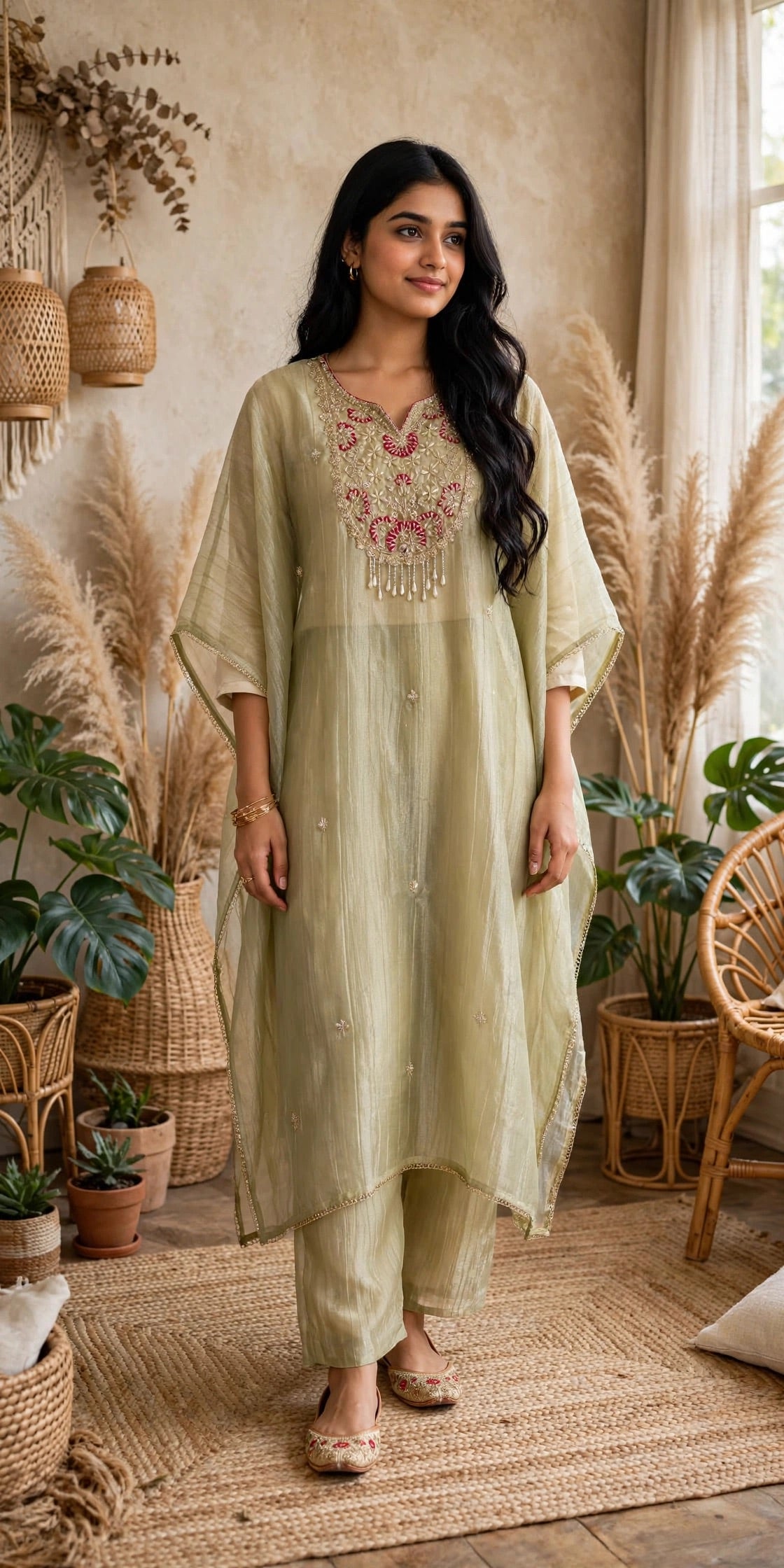 K645 - Glass tissue silk handwork kaftan with inner and pants