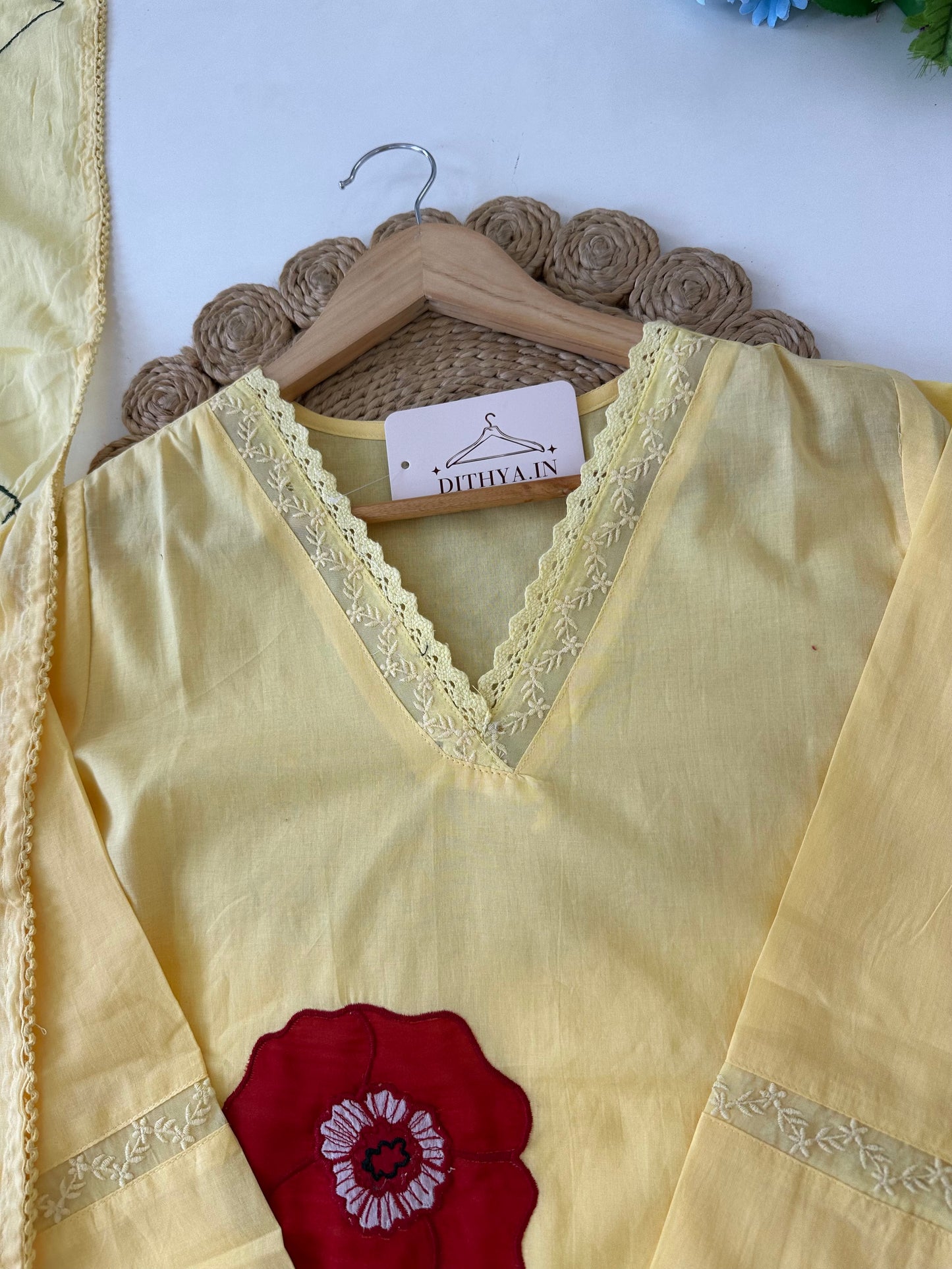 K218 - Mul cotton embroidered straight Kurti with pants and dupatta