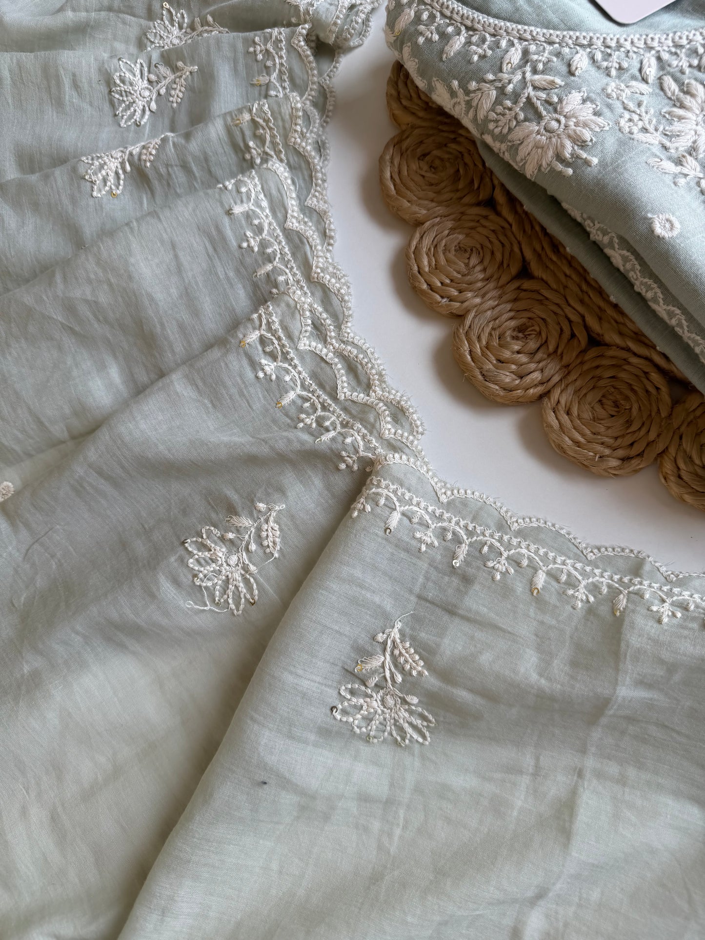 K698 - Crushed mul chanderi embroidered straight Kurti with pants and dupatta