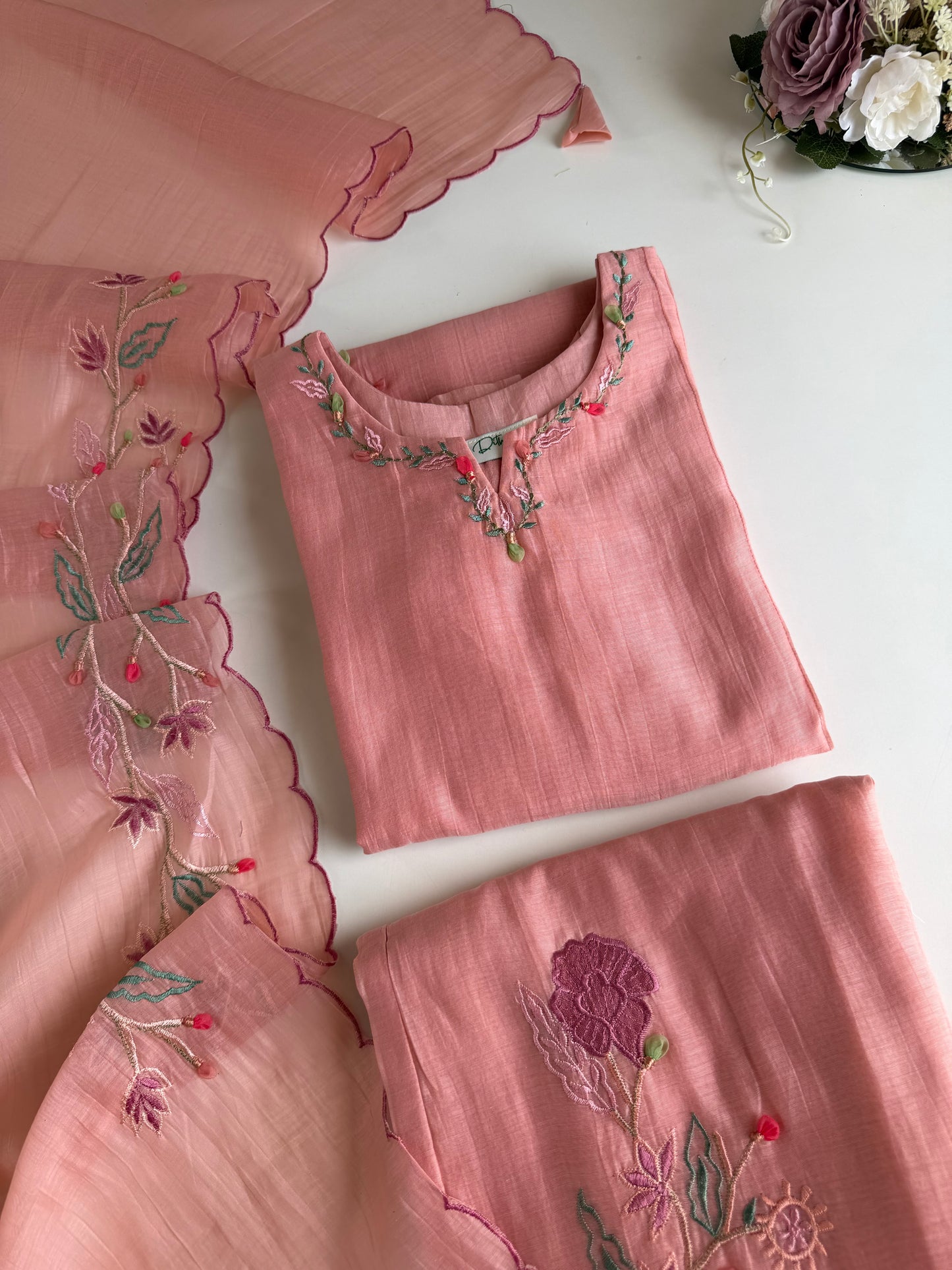 K575 - Mul Chanderi embroidered straight Kurti with pants and dupatta