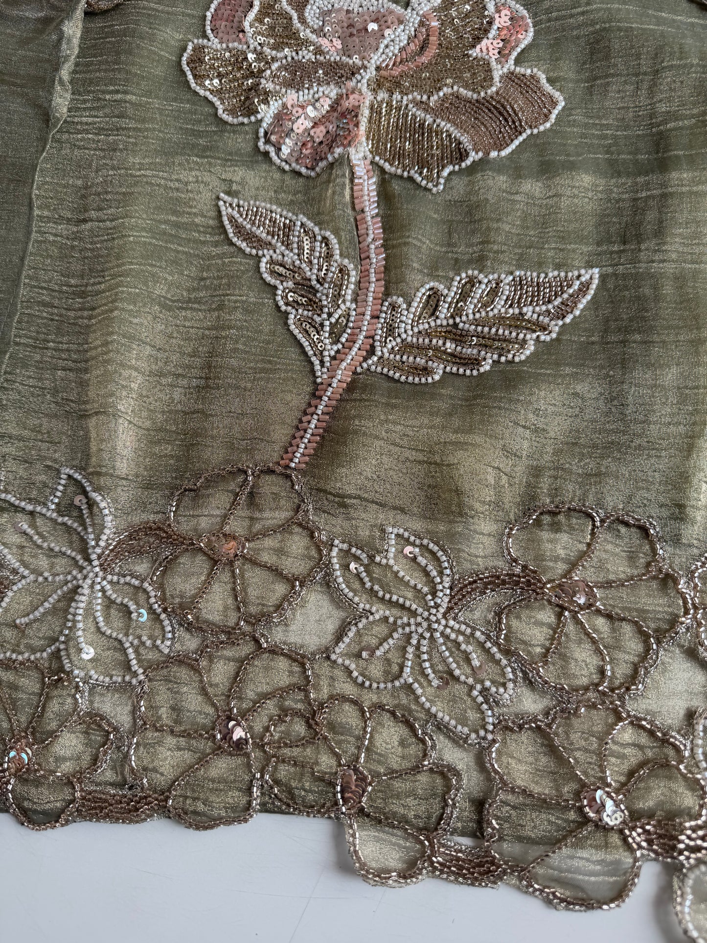 K511 - Crushed tissue silk handwork short Kurti with divider pants and dupatta