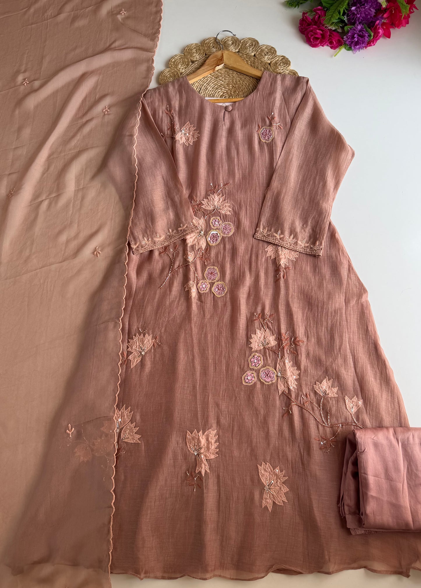 K630 - Mul chanderi appliqué Aline Kurti with pants and dupatta