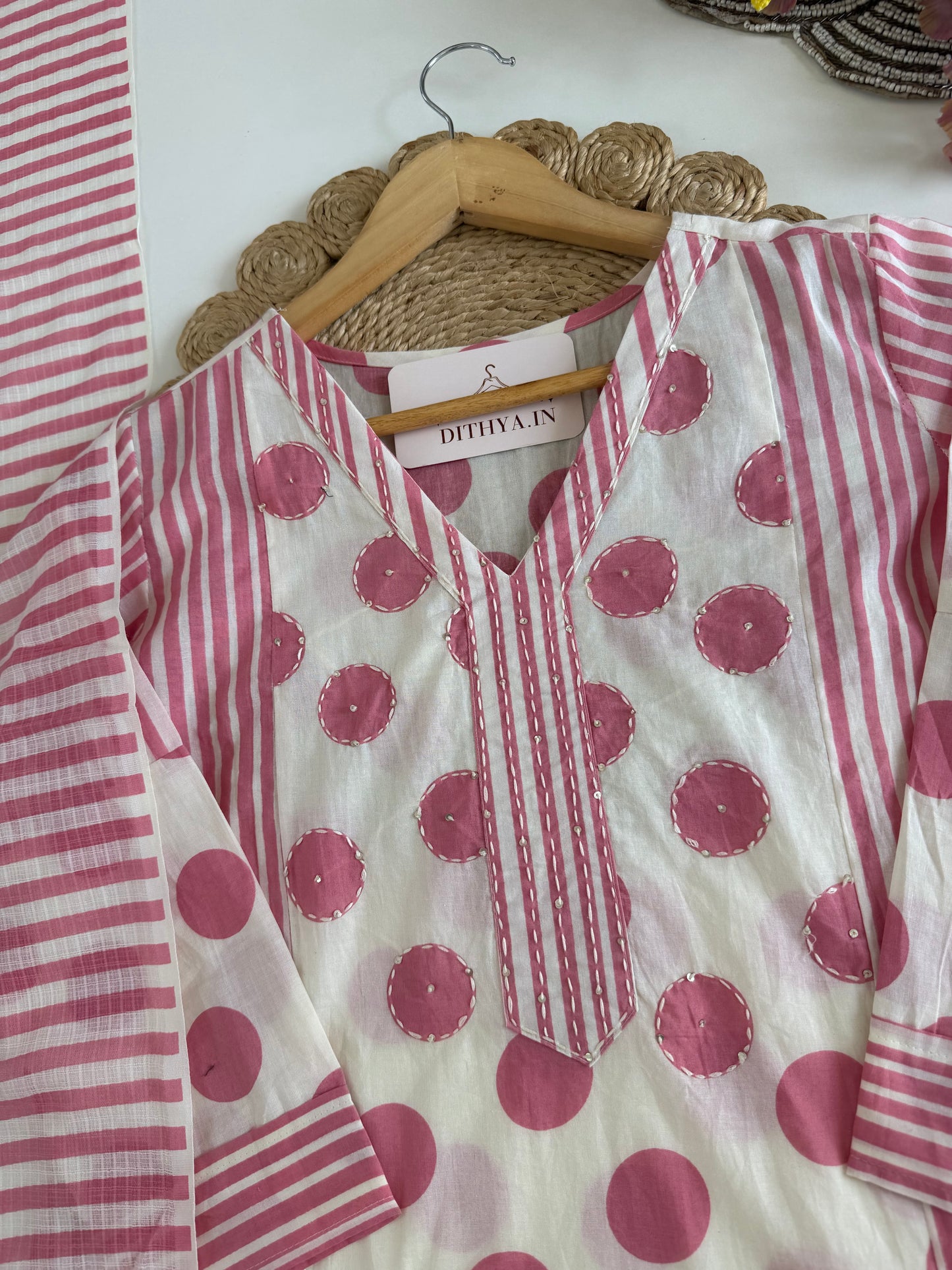 K159 - Mul cotton embroidered straight Kurti with pants and dupatta