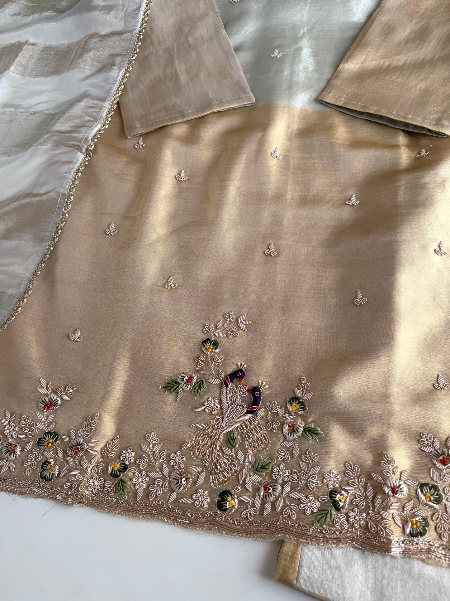 K570 - Tissue silk handwork short Kurti with divider pants and dupatta