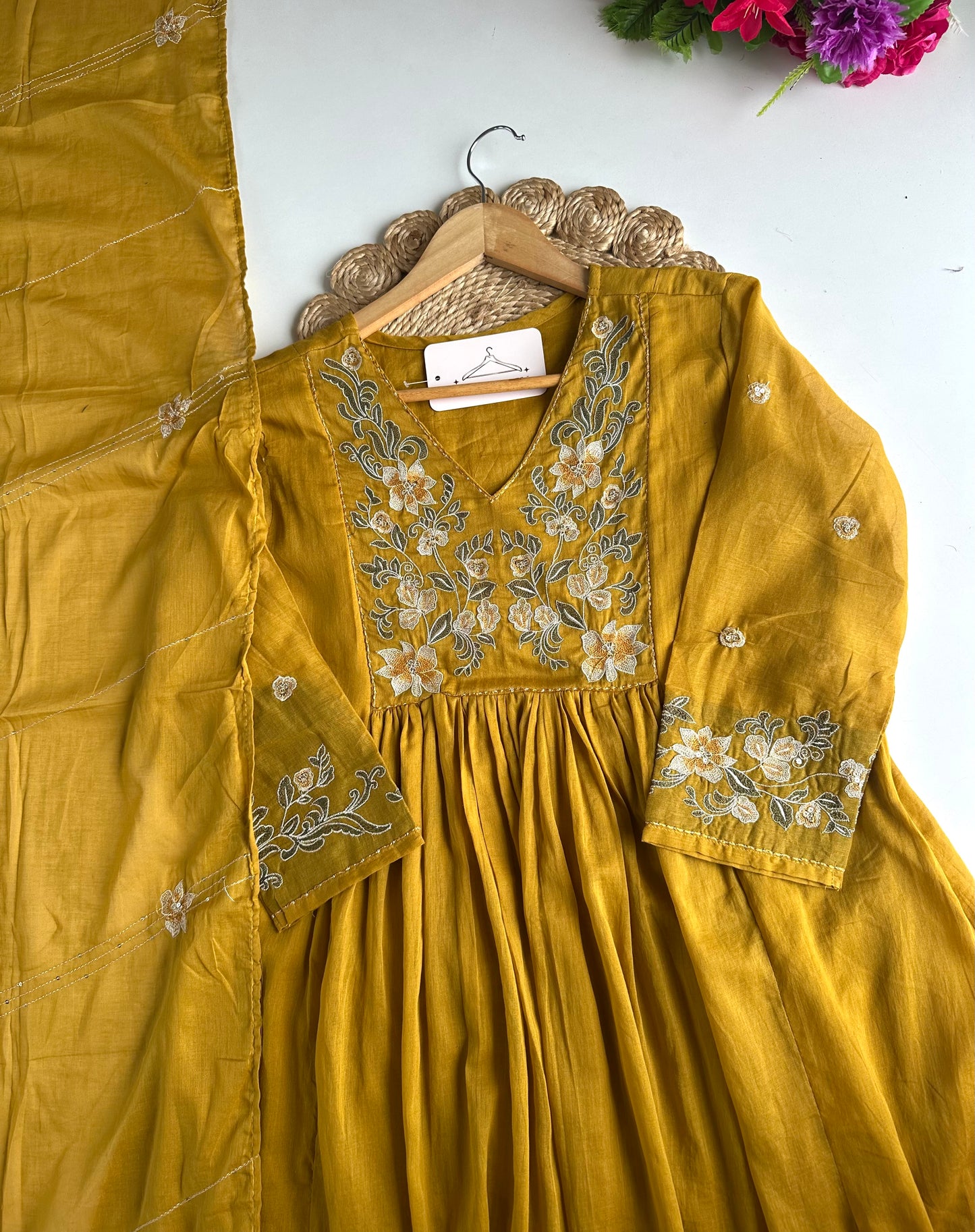 K165 - Mul cotton embroidered Anarkali with pants and dupatta