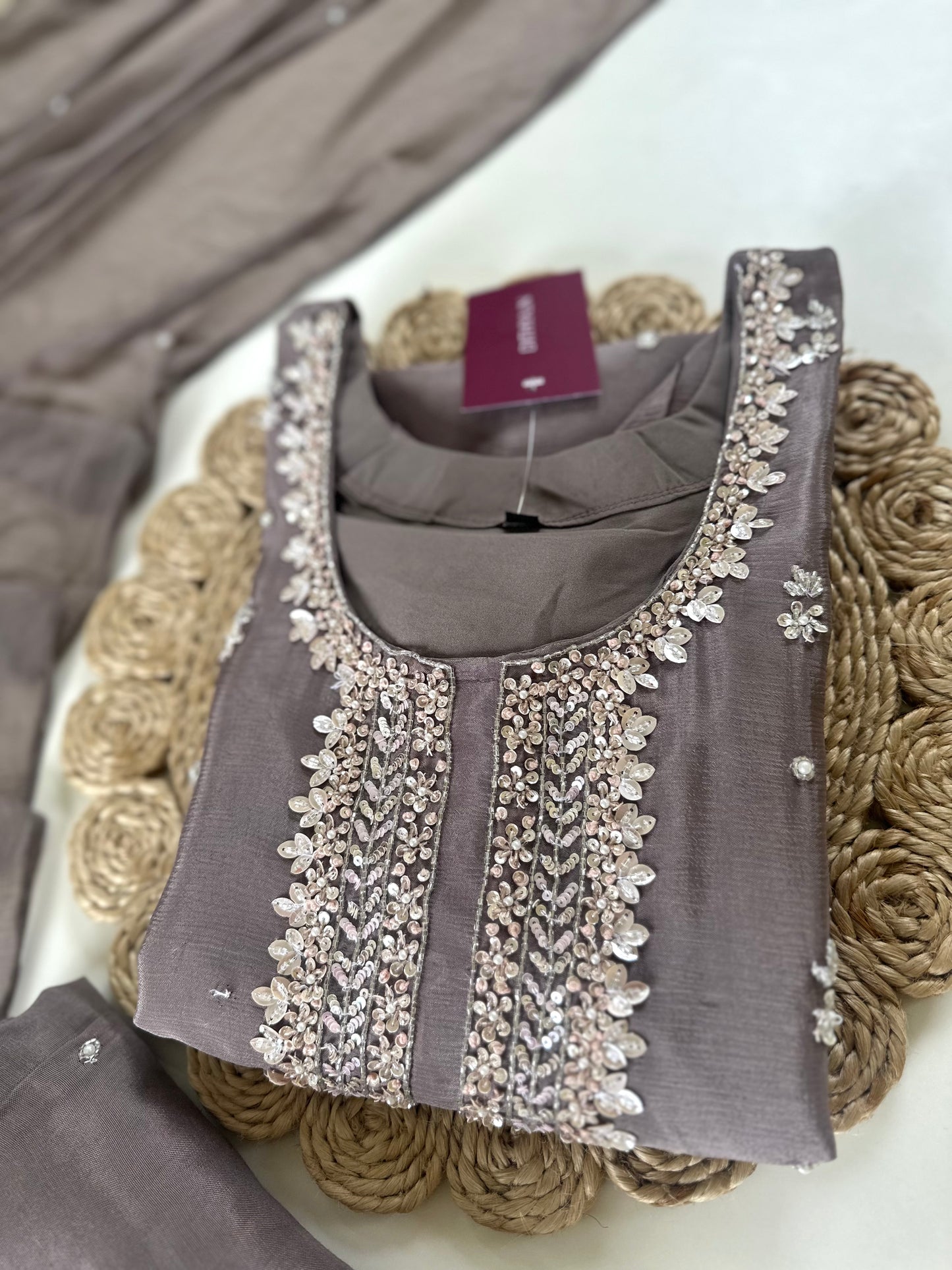 K190 - Heavy handwork Chinnon Straight short kurti with palazzo and dupatta .