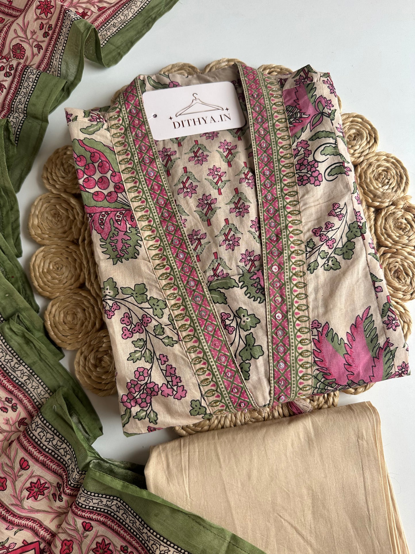 K718 - Mul cotton printed floral Anarkali with pants and dupatta