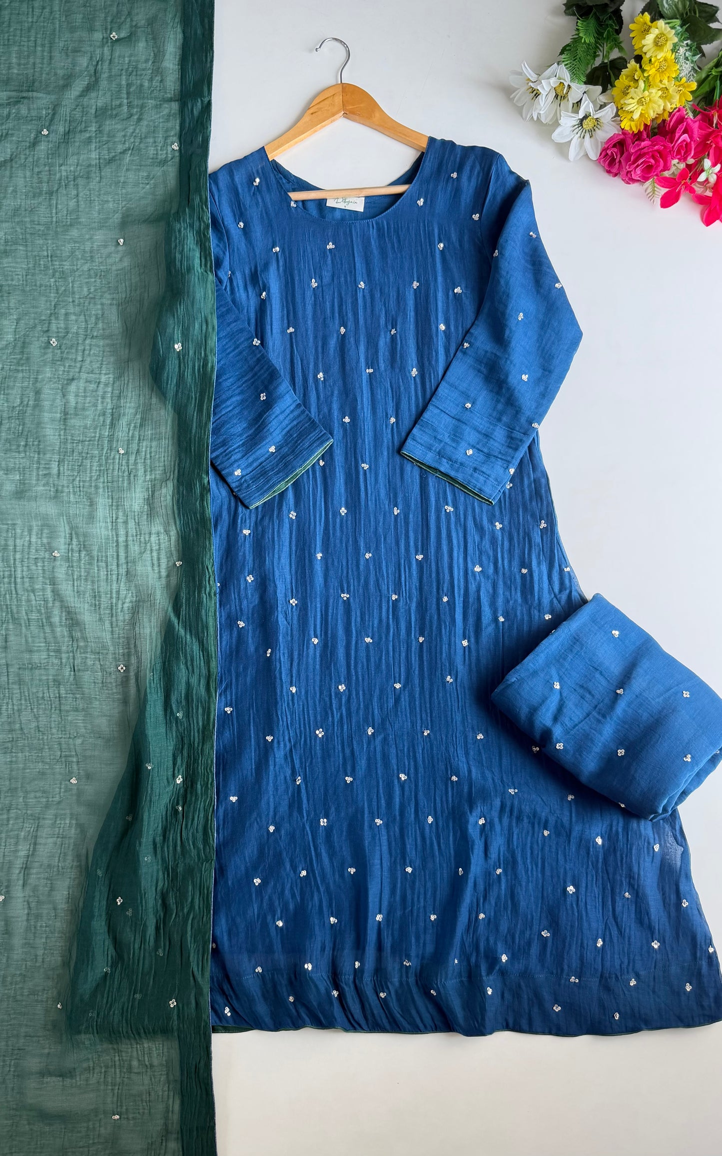 K345 - Mul chanderi handwork aline Kurti with pants and dupatta in 2 colours